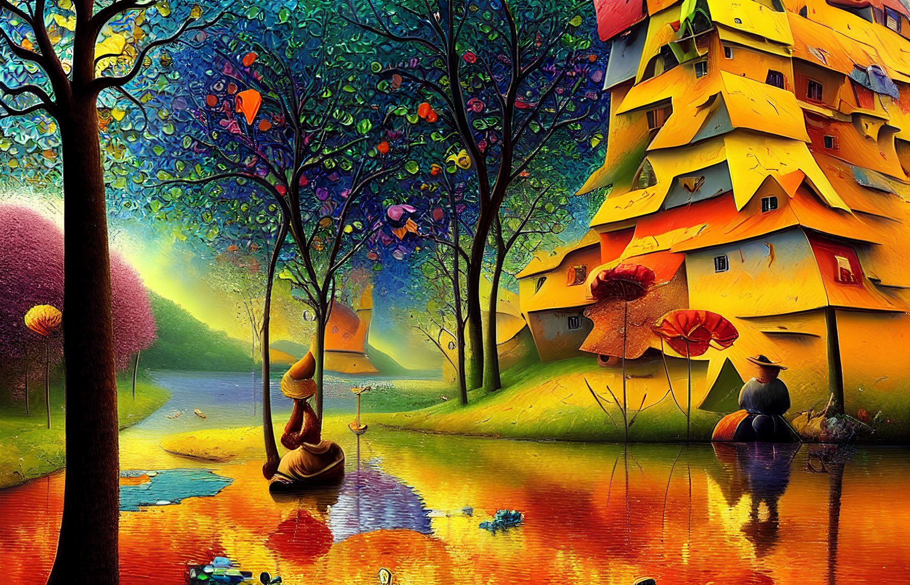 Colorful whimsical landscape with yellow building, trees, river, and figure in boat