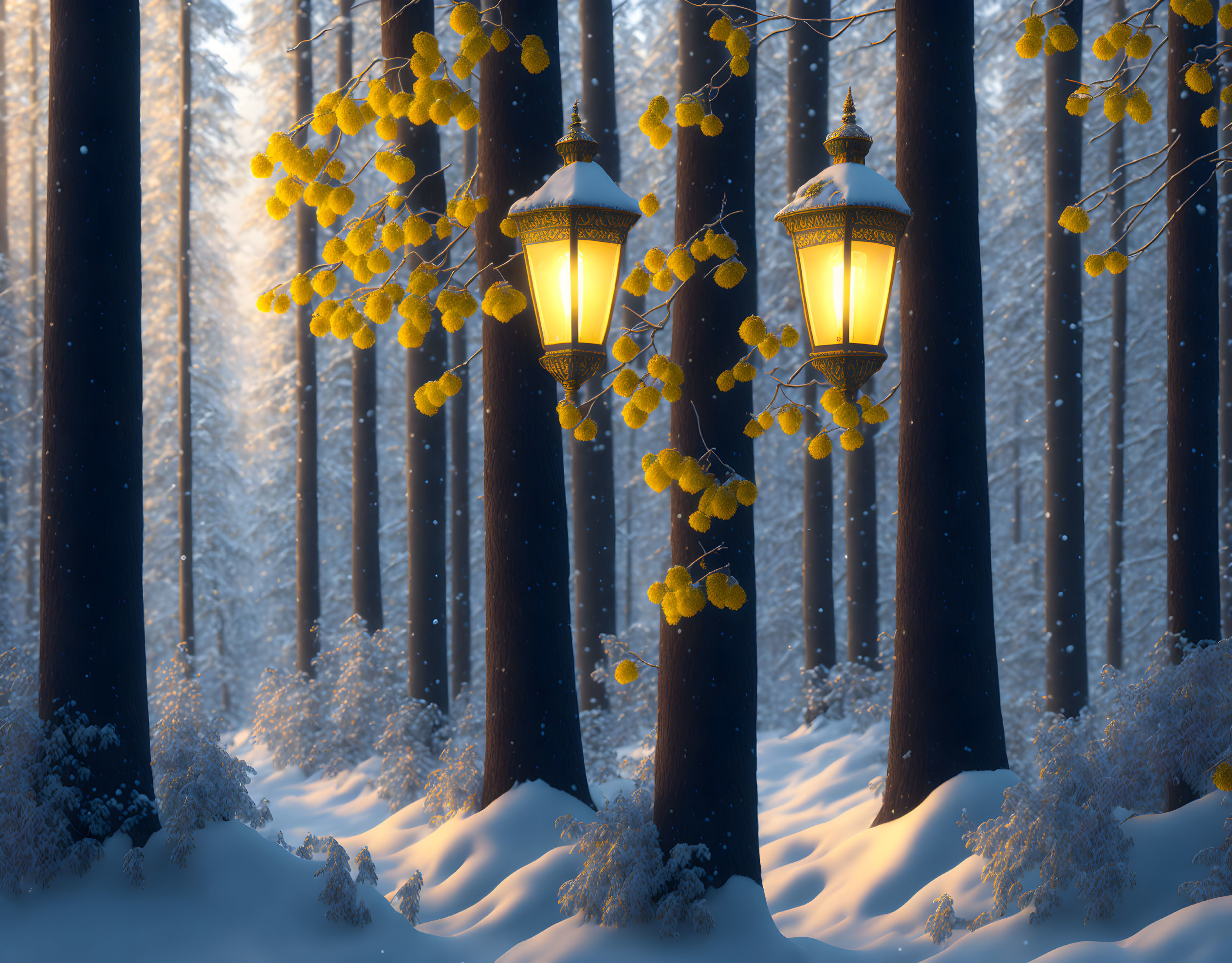 Snowy Forest Scene: Dark Tree Trunks, Lanterns, Falling Snow