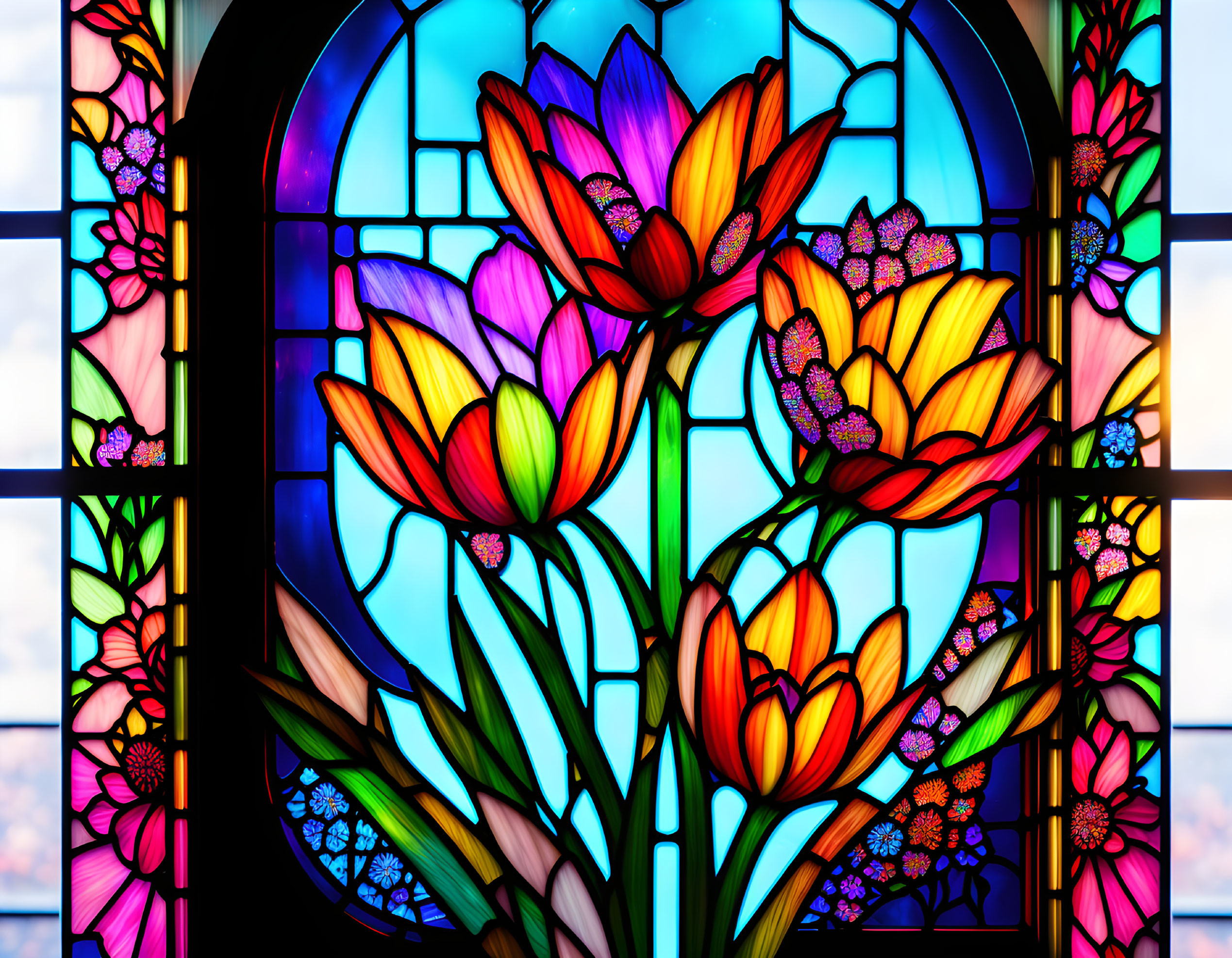 Vibrant flower stained glass window on blue background