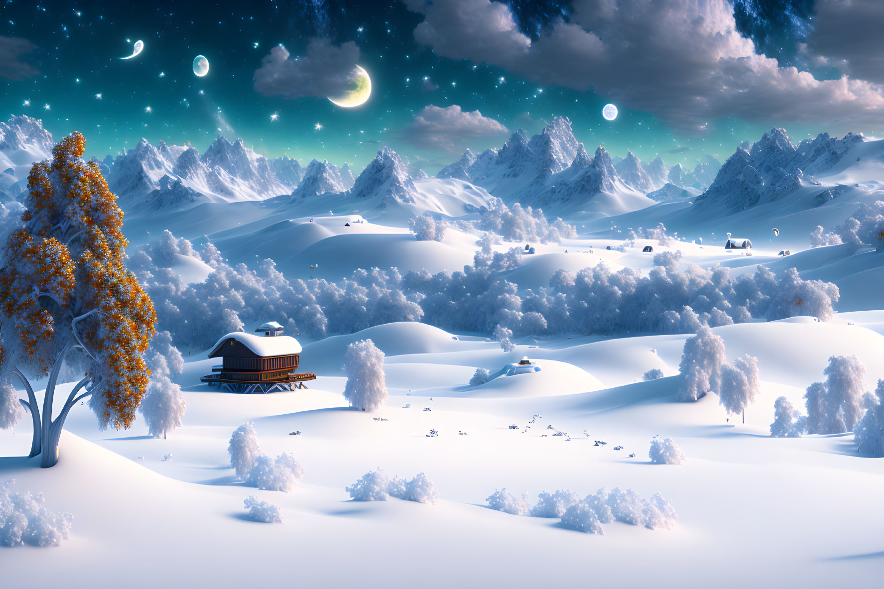 Winter night landscape: crescent moon, stars, snow hills, cabin, trees, mountains