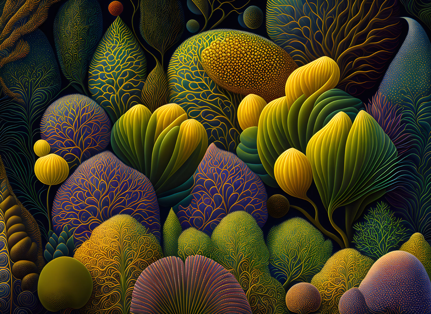 Vibrant underwater illustration with textured plants and coral in green, yellow, and purple