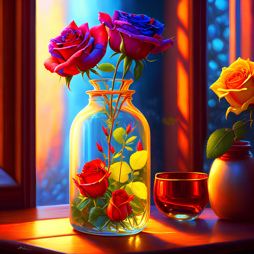 Colorful glass vase with red and blue roses, candle, and sunlight by a window