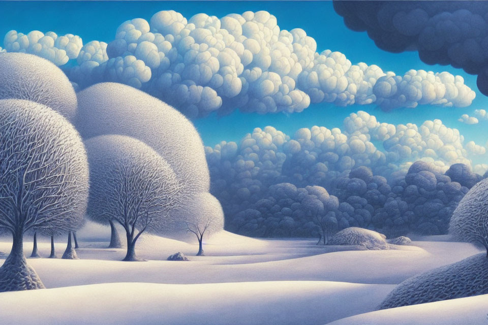 Snow-covered whimsical winter landscape with rounded trees and fluffy cloud formations