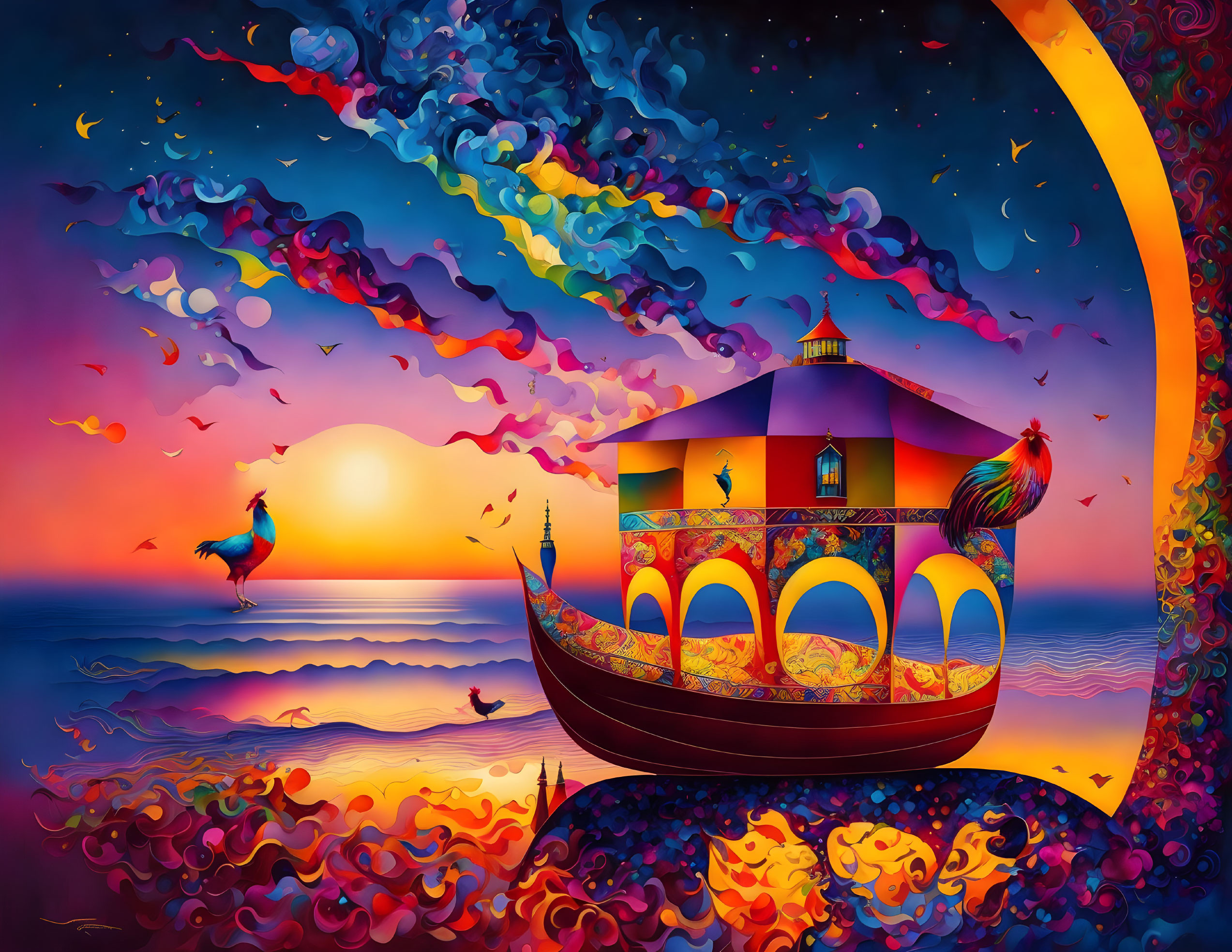 Colorful Boat with Peacocks in Sunset Scene