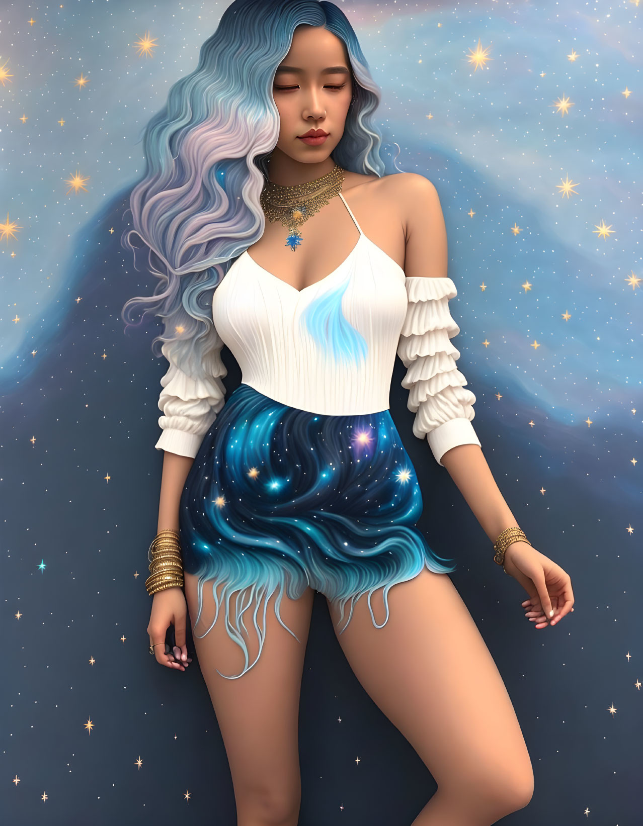 Digital artwork of woman with blue ombre hair in galaxy skirt on starry background