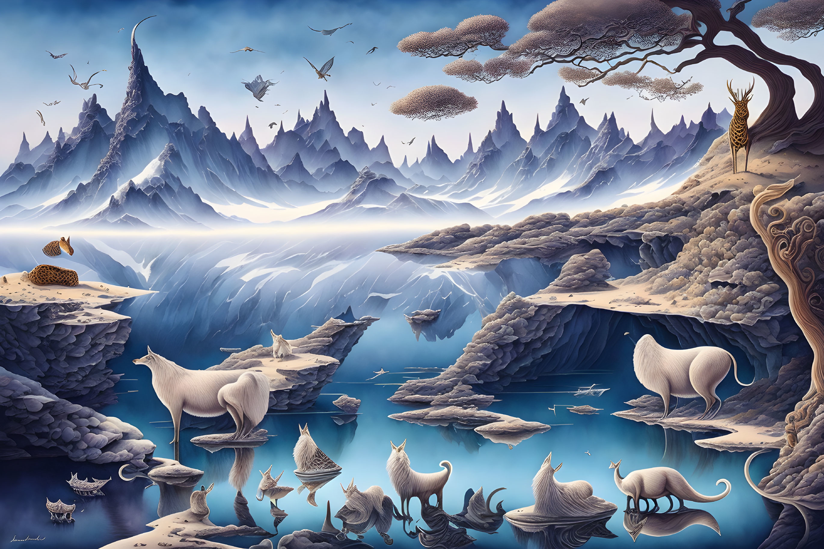Surreal landscape with white creatures, floating islands, human-faced tree