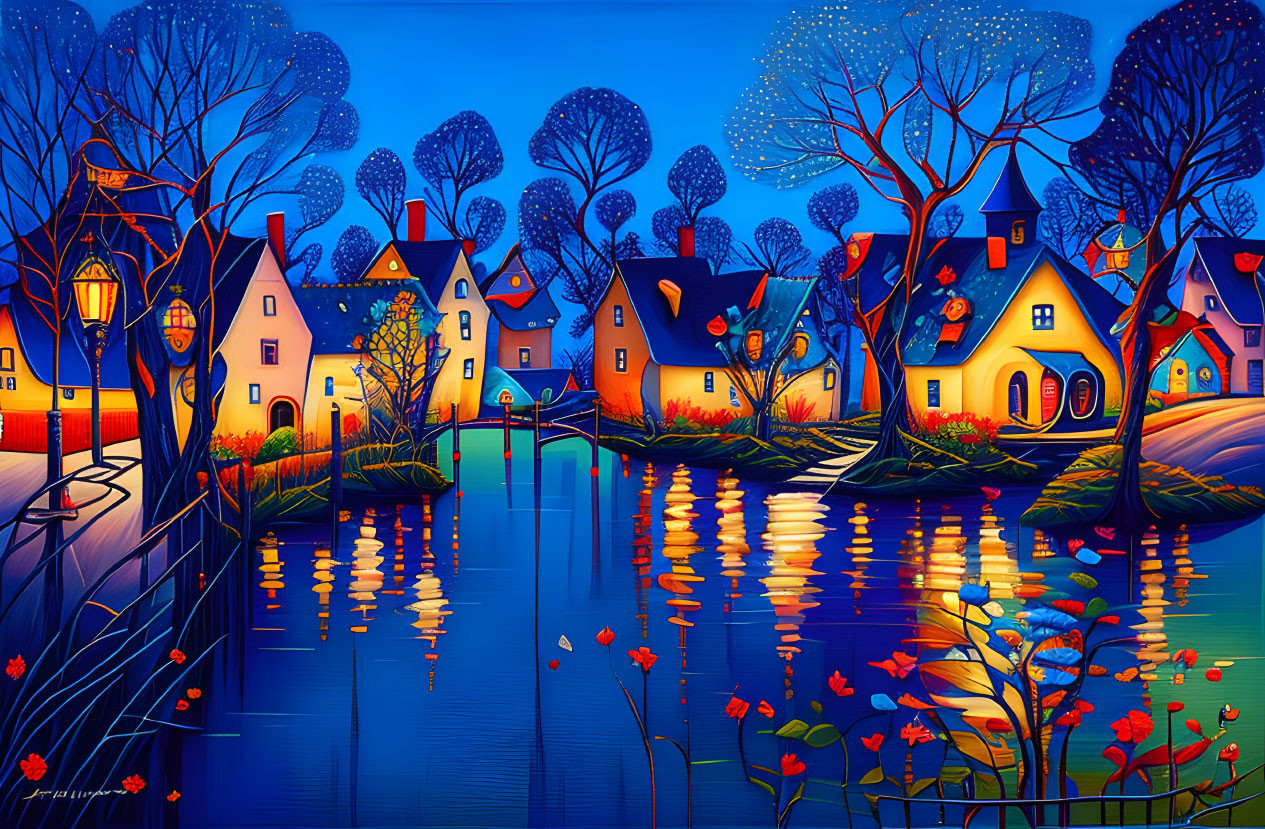 Colorful Stylized Landscape with Whimsical Cottages and Reflective Waterways