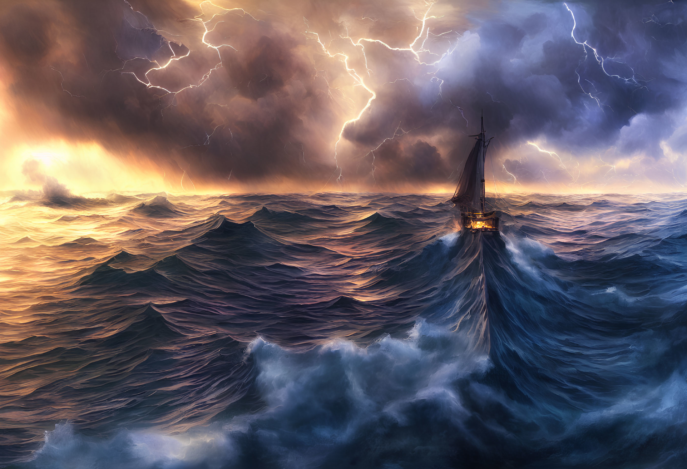 Stormy seas with lightning strikes: A ship navigating turbulent waters