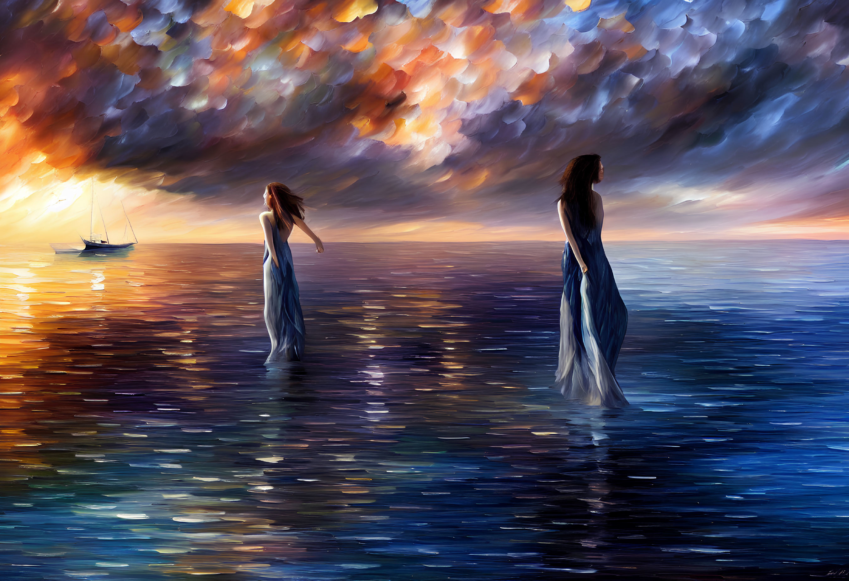 Ethereal women in long dresses at sunset on water