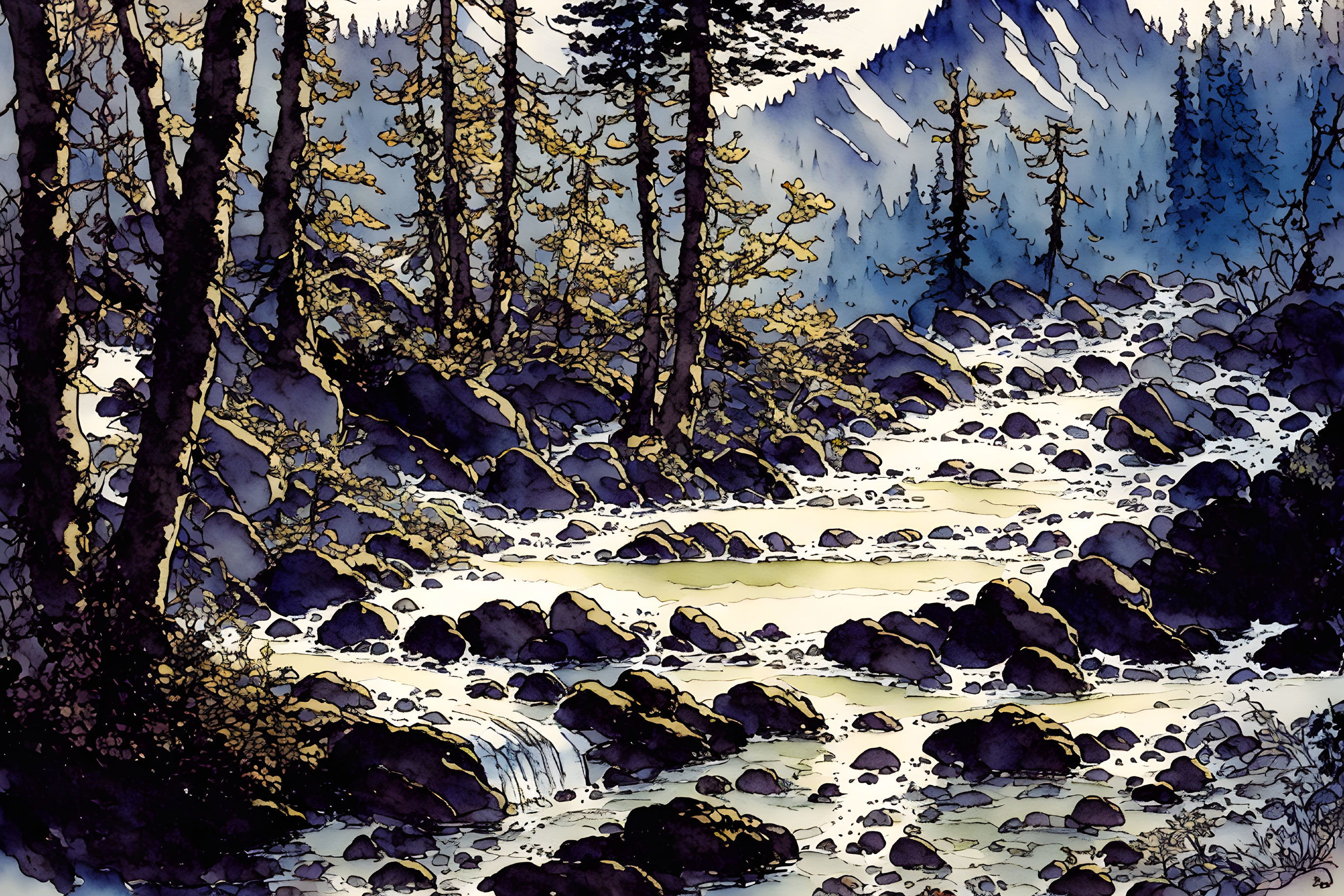 Serene forest illustration with babbling brook and mountains