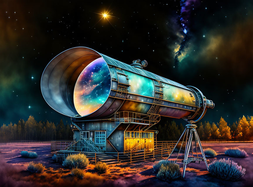 Fantastical telescope illustration in twilight forest landscape