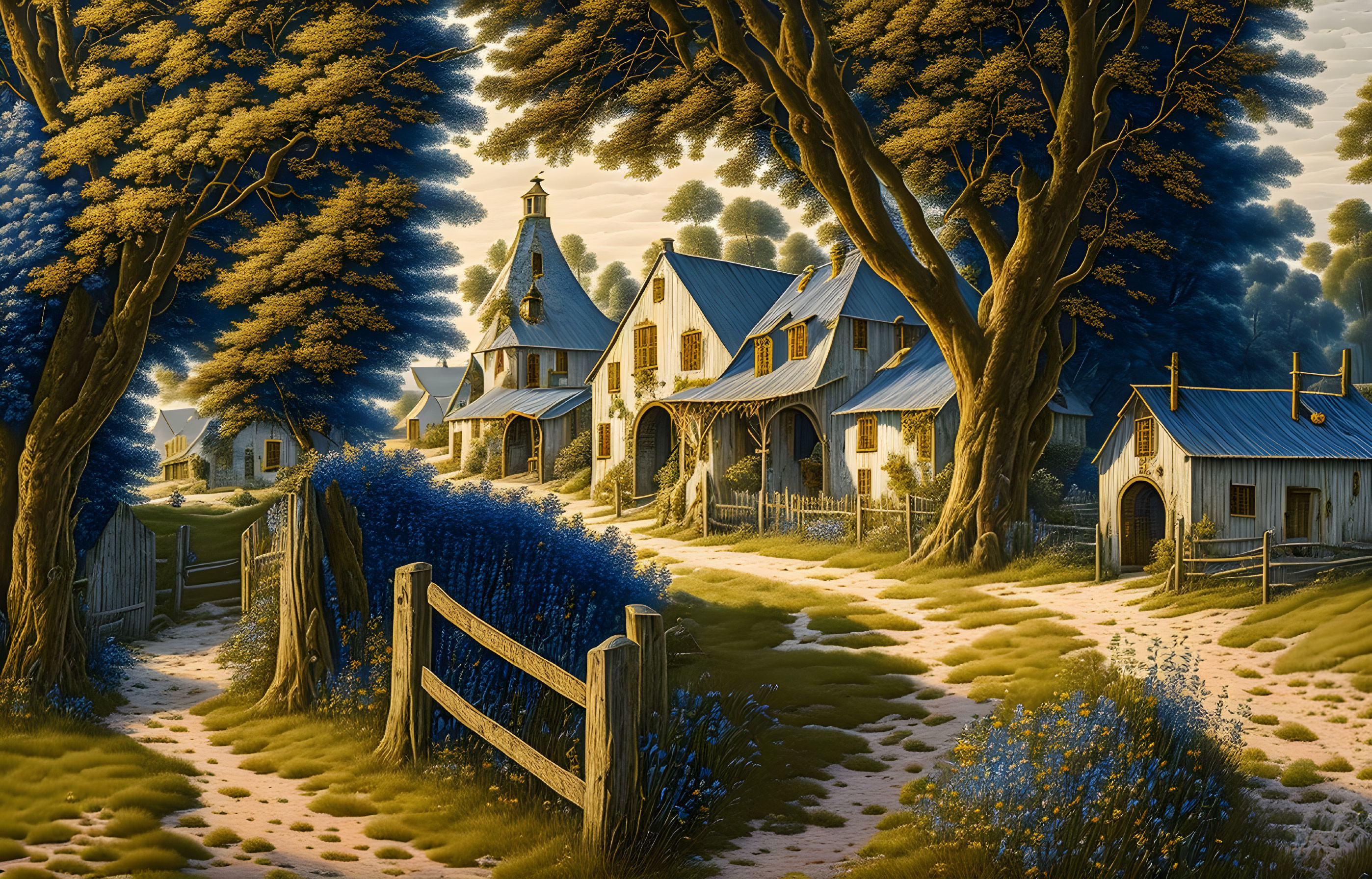 Twilight village scene with thatched cottages, church, trees, and wooden fences