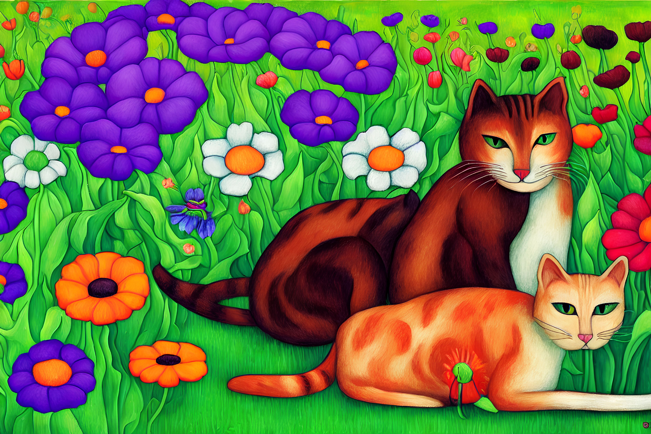 Vibrant colorful cats in lush garden with vivid flowers