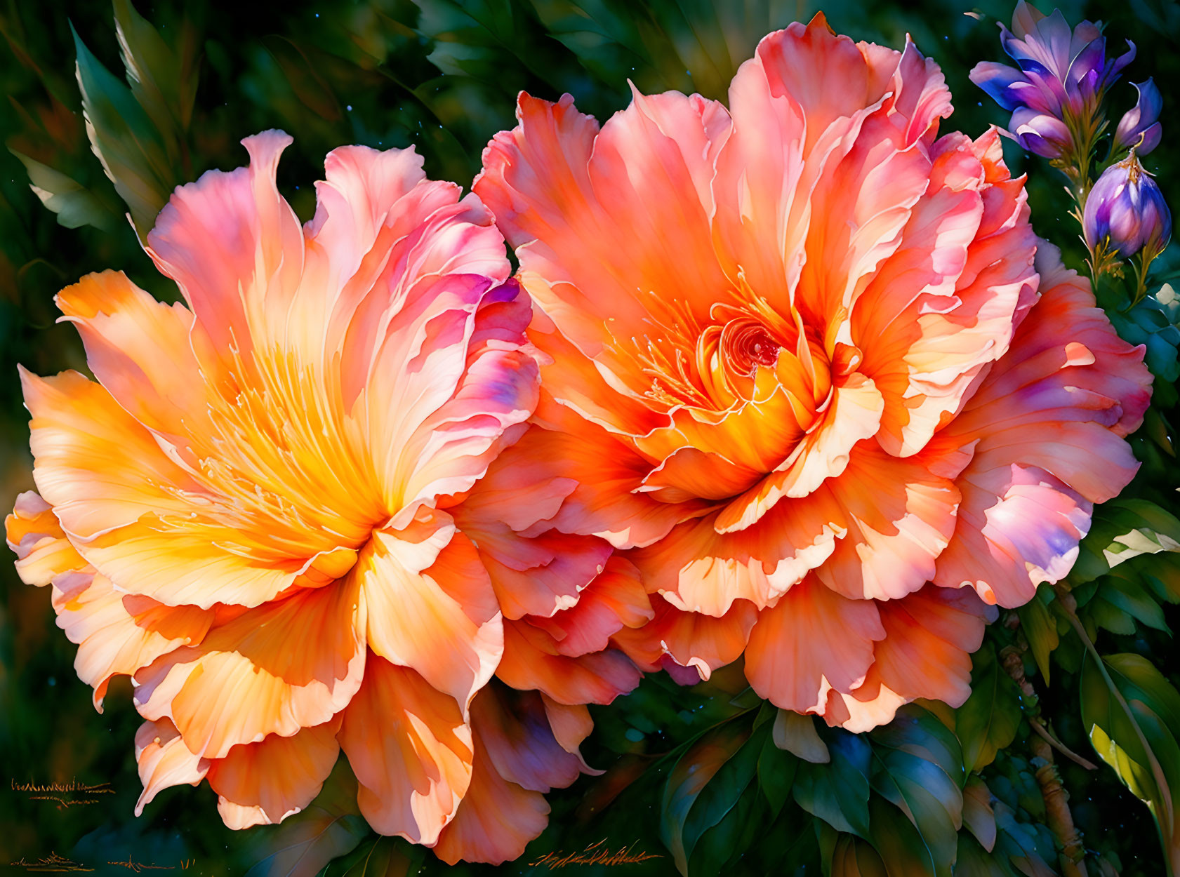 Vibrant orange begonias with ruffled petals on dark green foliage.