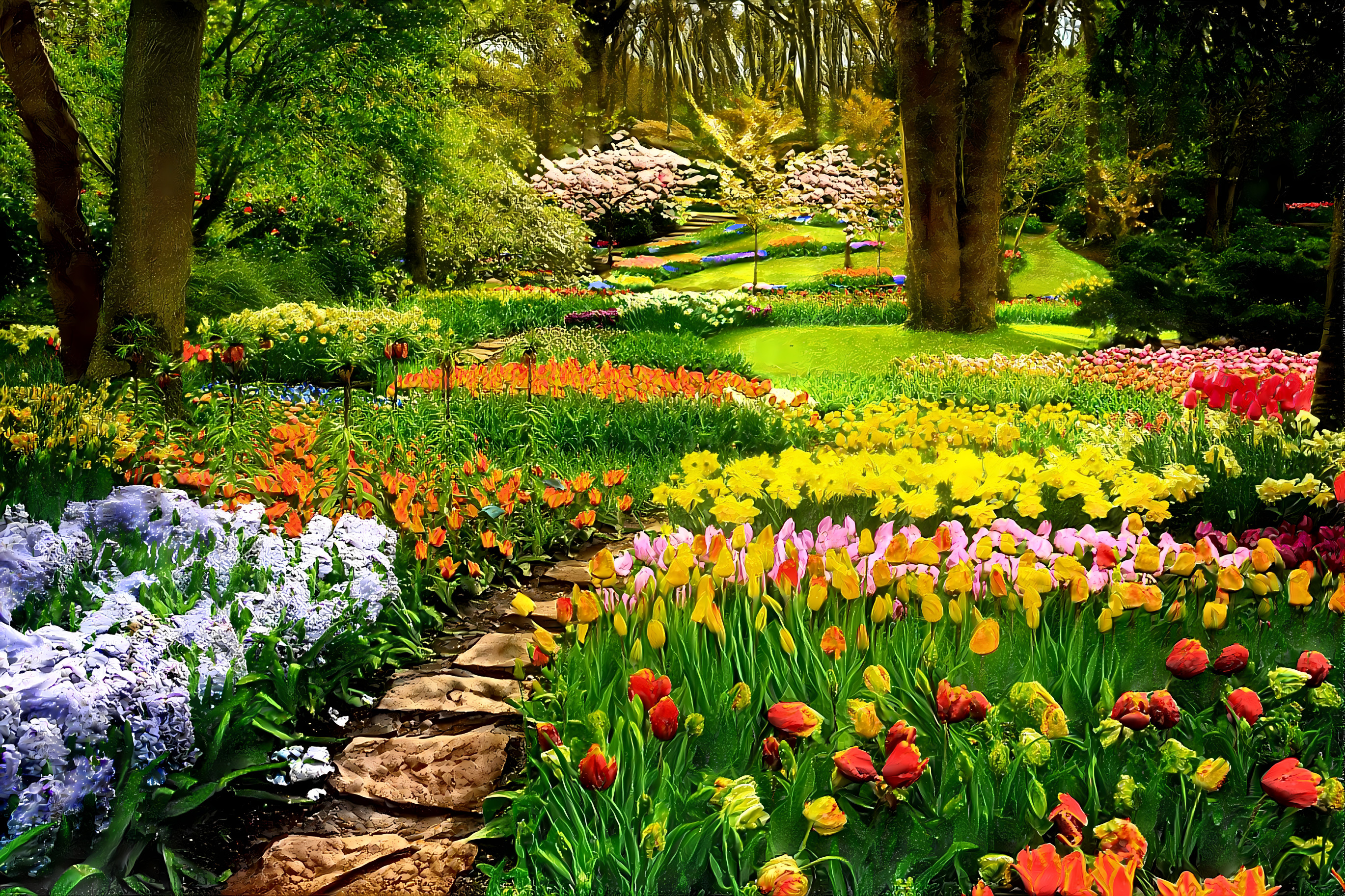 Spring Garden with hyacinths and tulips