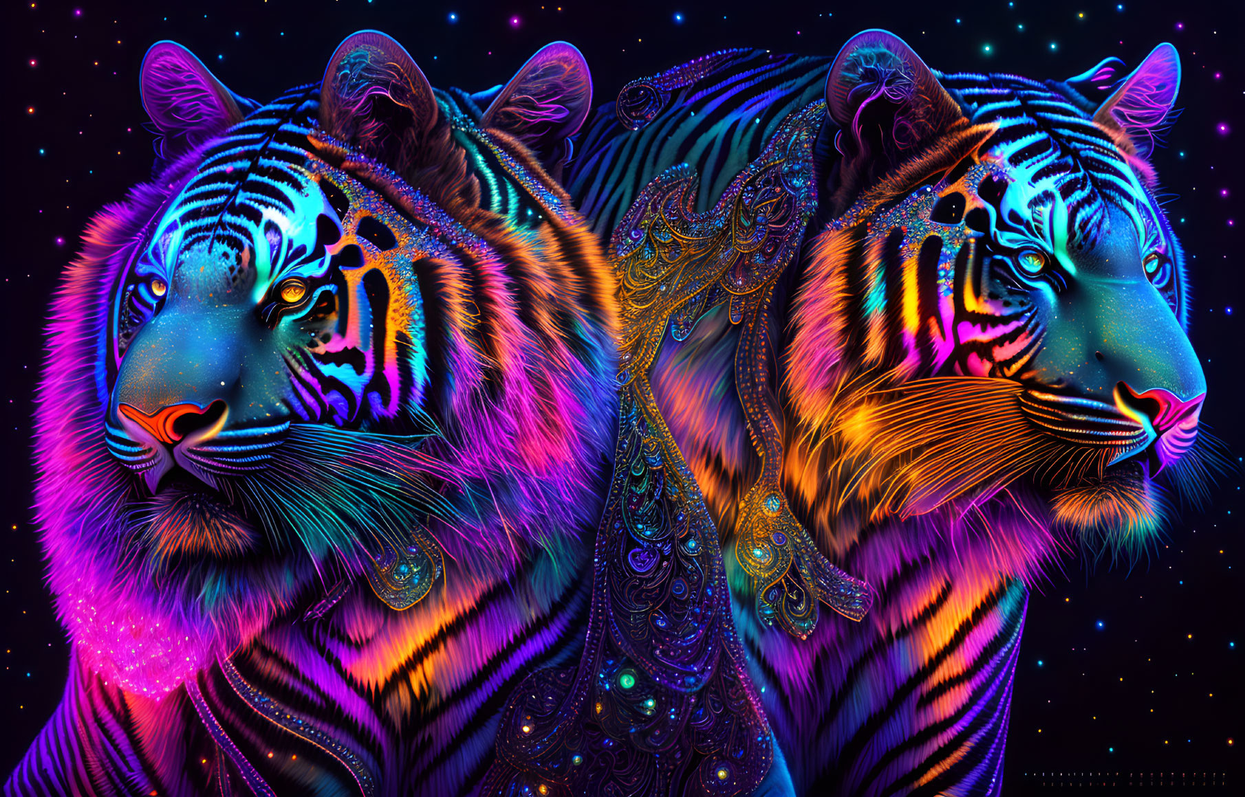 Neon-colored tigers with cosmic background and intricate patterns