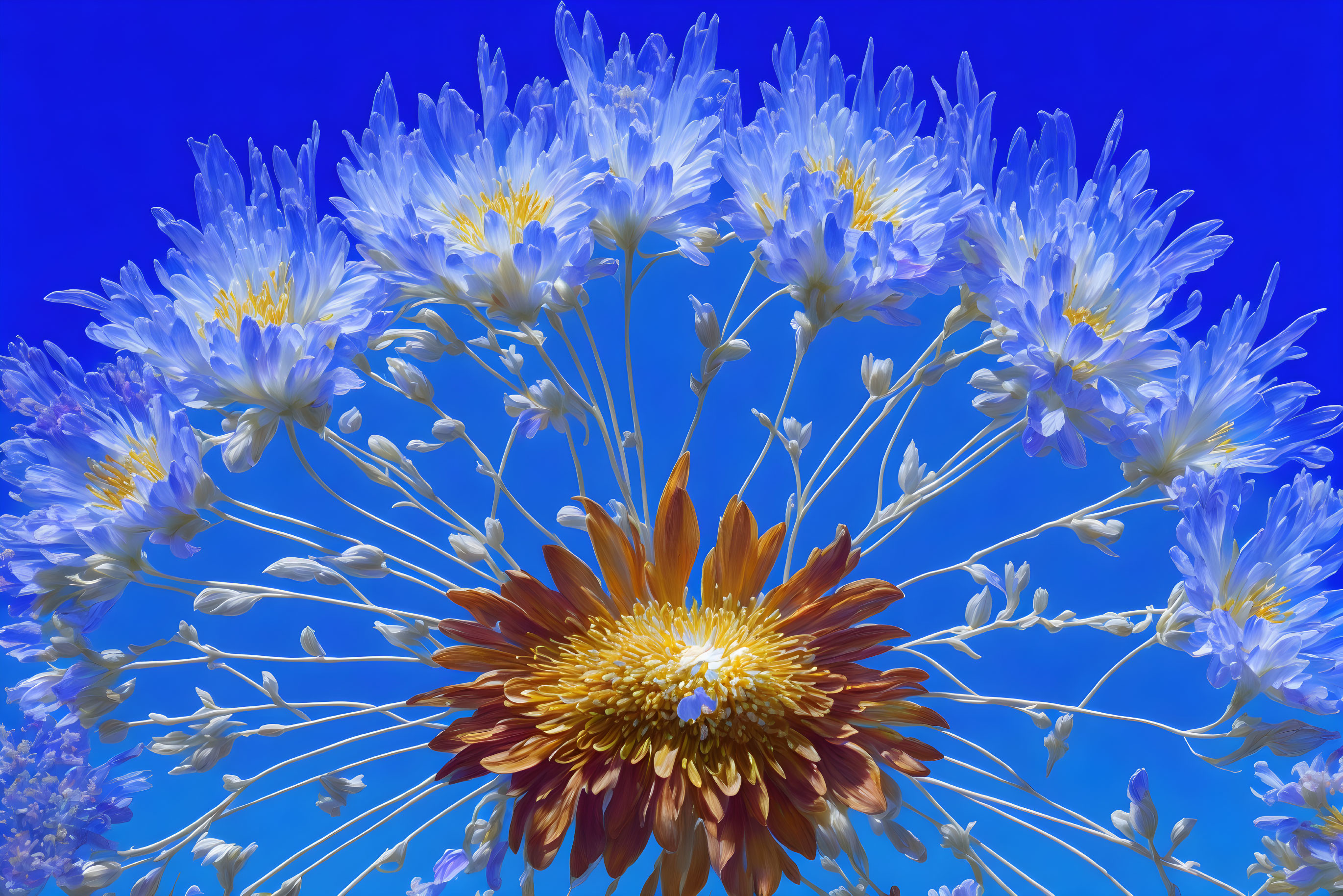 Colorful bouquet with golden-brown bloom and white-blue petals on deep blue background