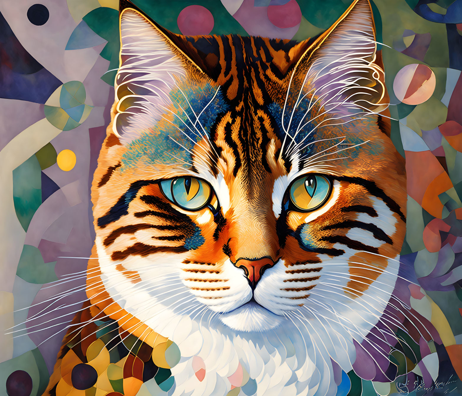 Colorful Stylized Cat Portrait with Yellow Eyes and Geometric Background