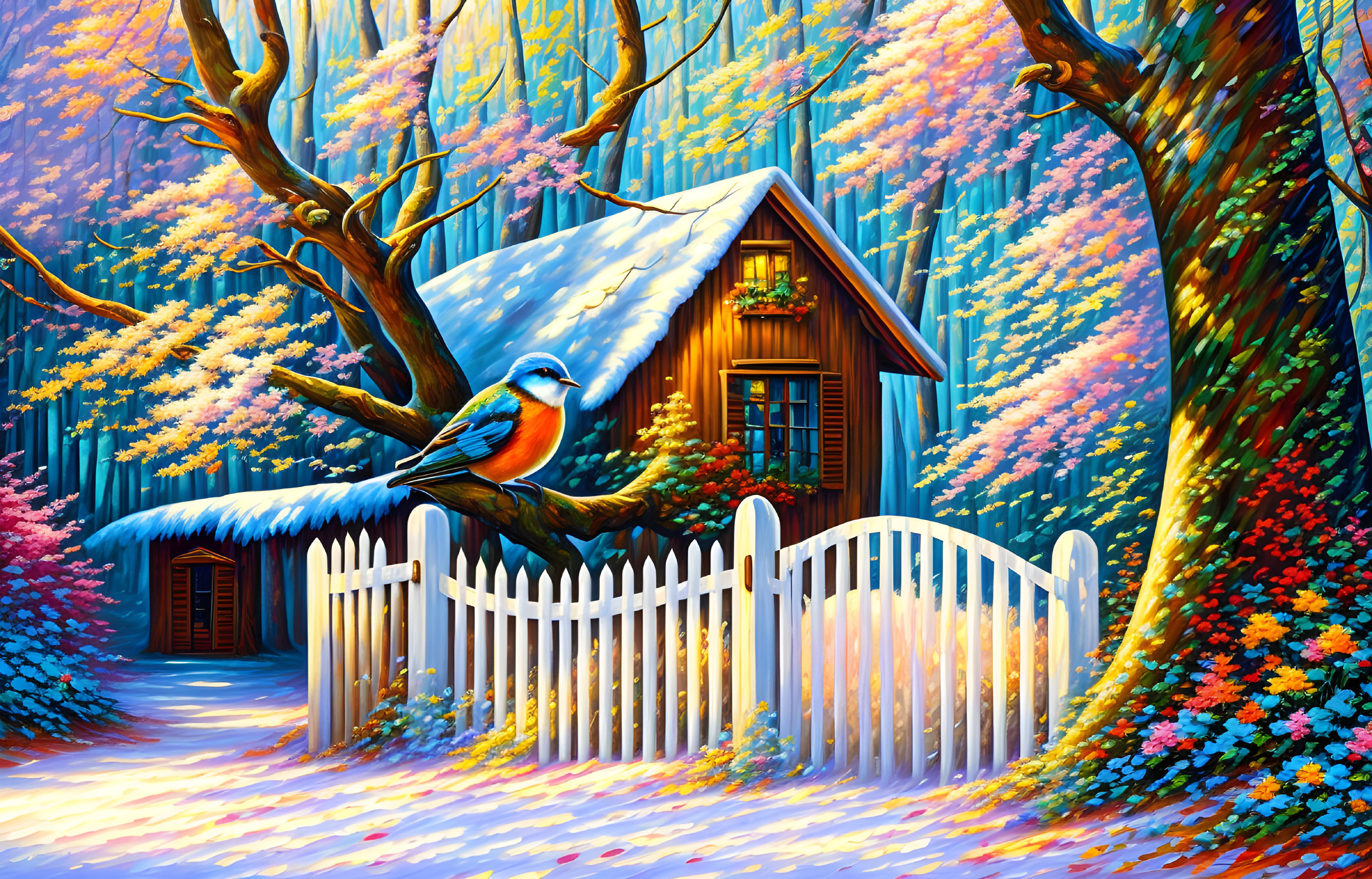 Colorful Cottage Scene with Snow-Covered Roof & Blooming Trees