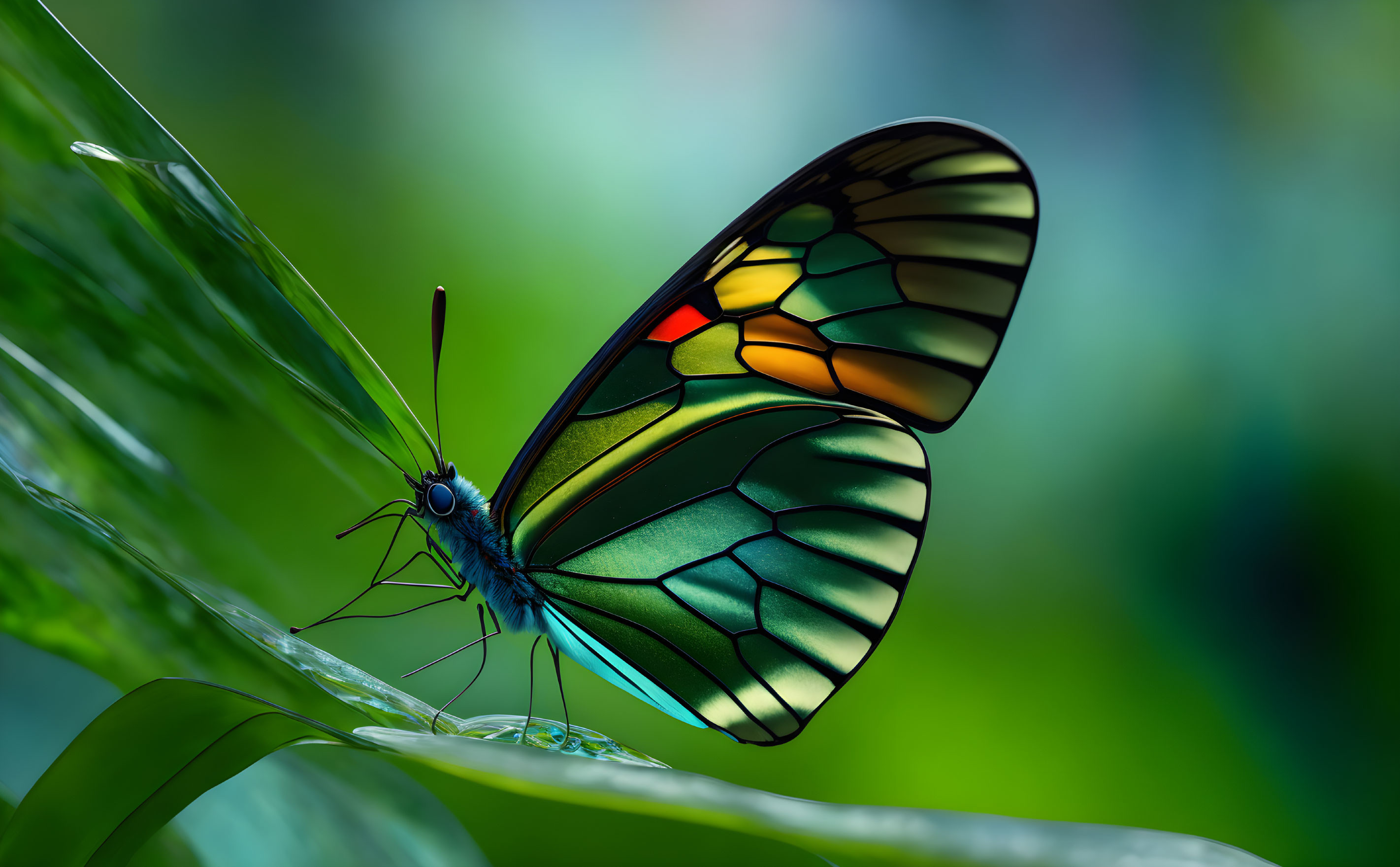 Colorful butterfly on green leaf with translucent wings in soft background