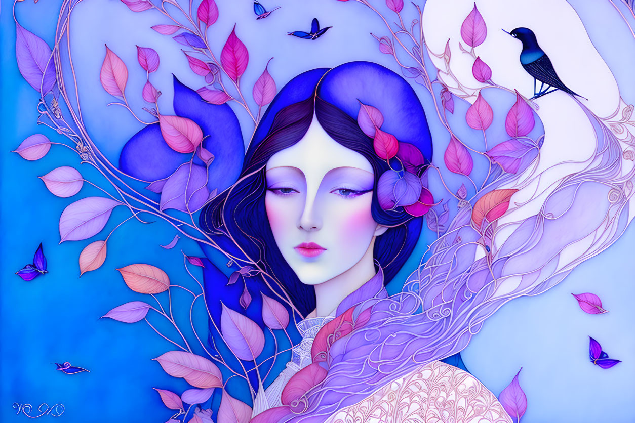 Stylized illustration of woman with dark hair in purple nature scene