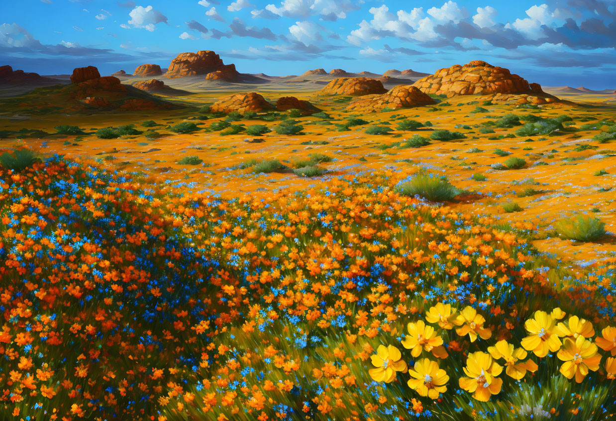 Colorful Wildflowers in Orange and Blue Field with Desert Hills and Blue Sky