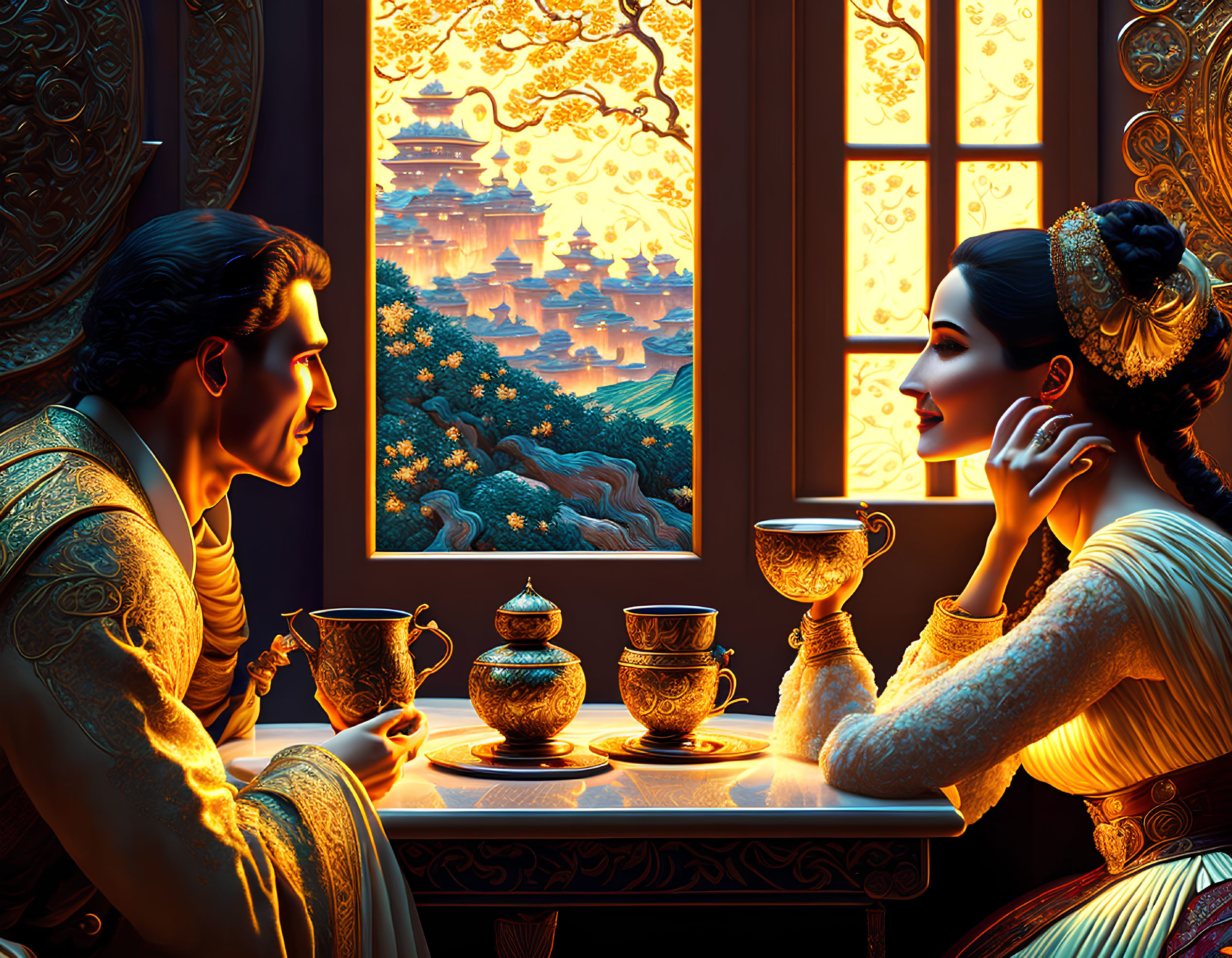 Illustration of man and woman in ornate attire having tea by window in enchanted landscape