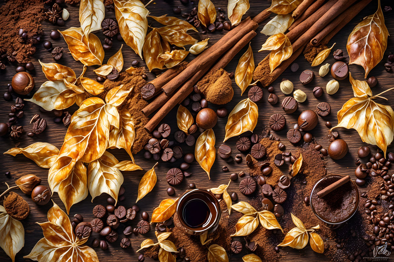 Coffee-themed still life with beans, cup, cinnamon, and golden leaves on wood