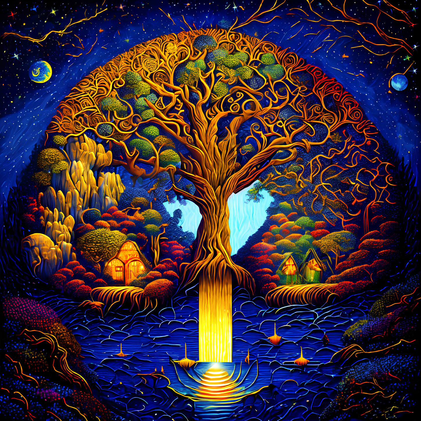 Colorful painting of mystical tree in night sky with glowing foliage, illuminated houses, and reflective river