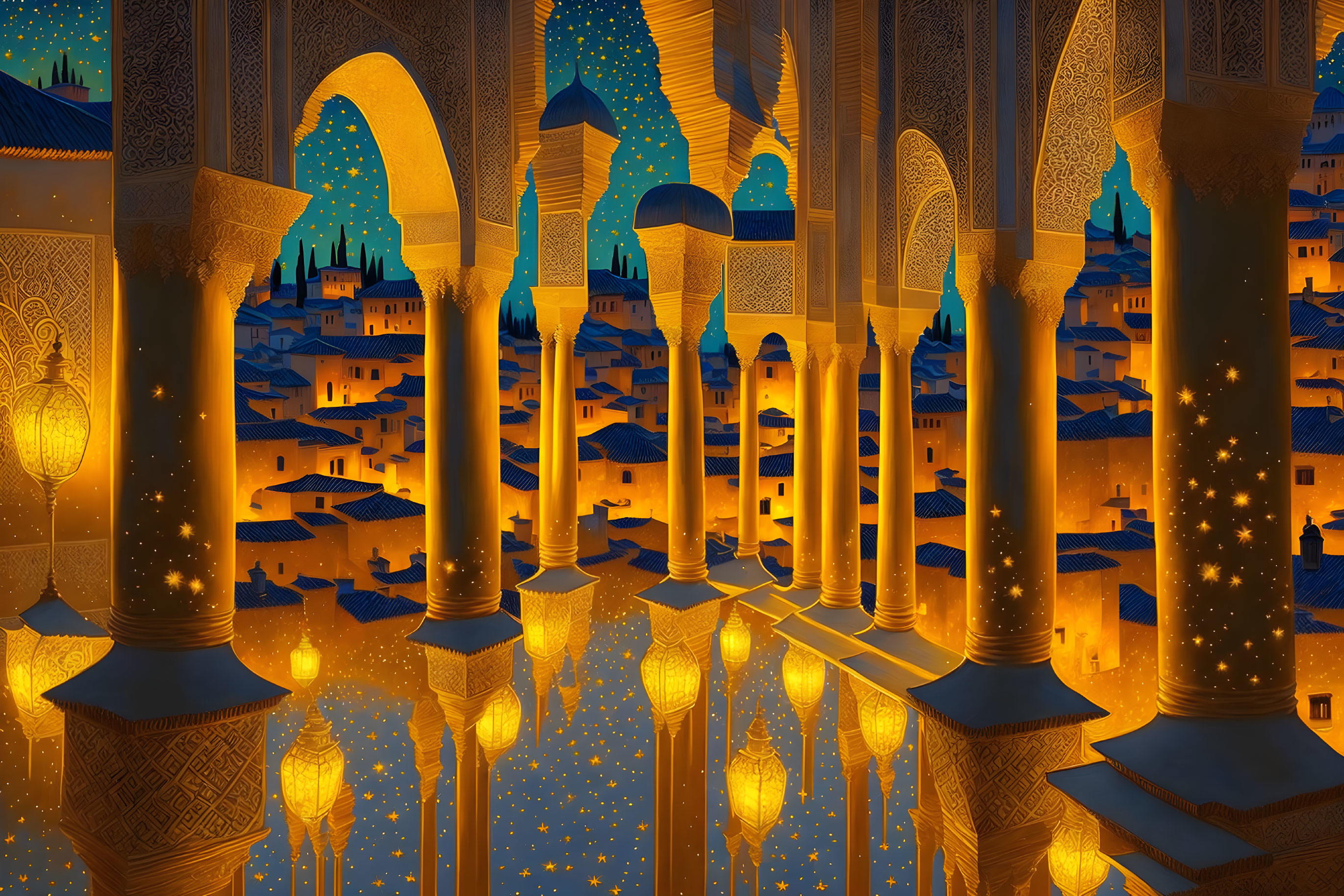 Twilight Middle Eastern cityscape with ornate arches and glowing lanterns