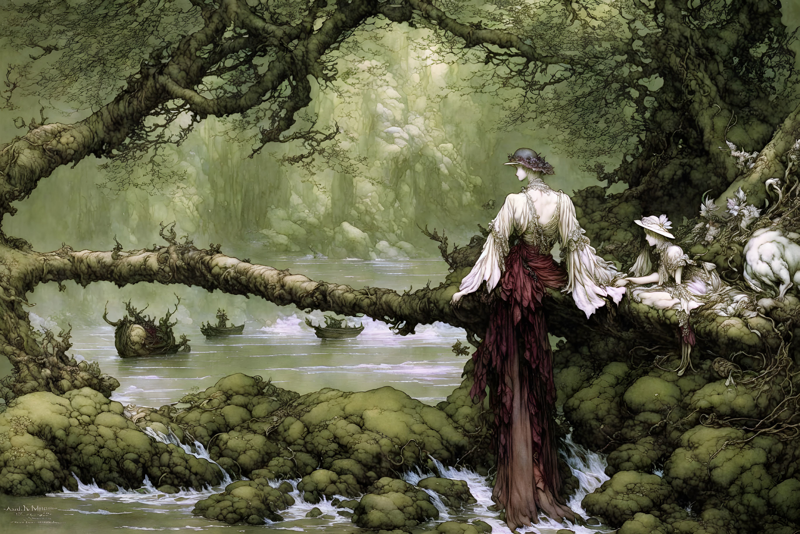 Vintage-dressed woman by mossy riverbank with ducks in forest stream