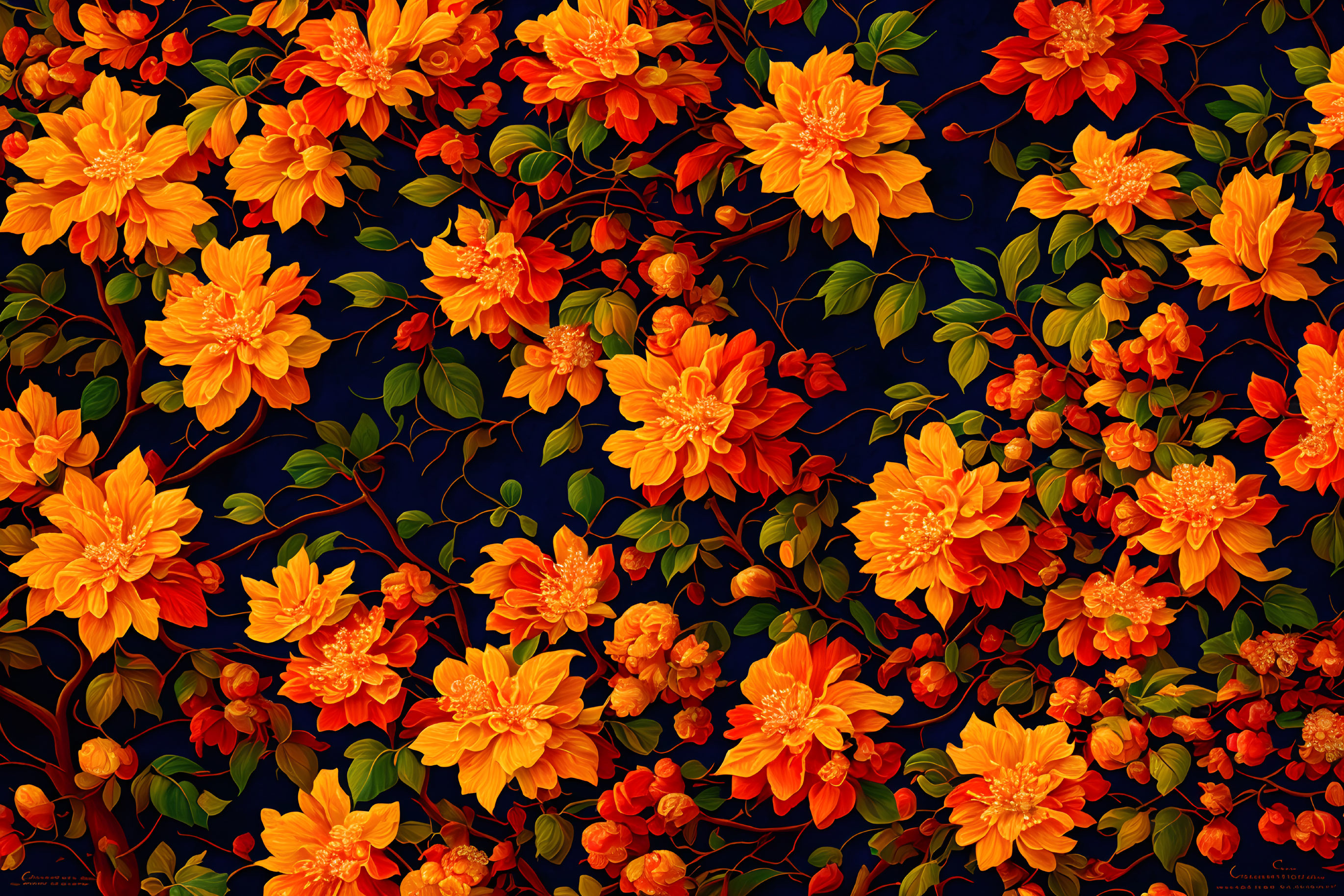 Vibrant orange flowers and lush green leaves on a dark background