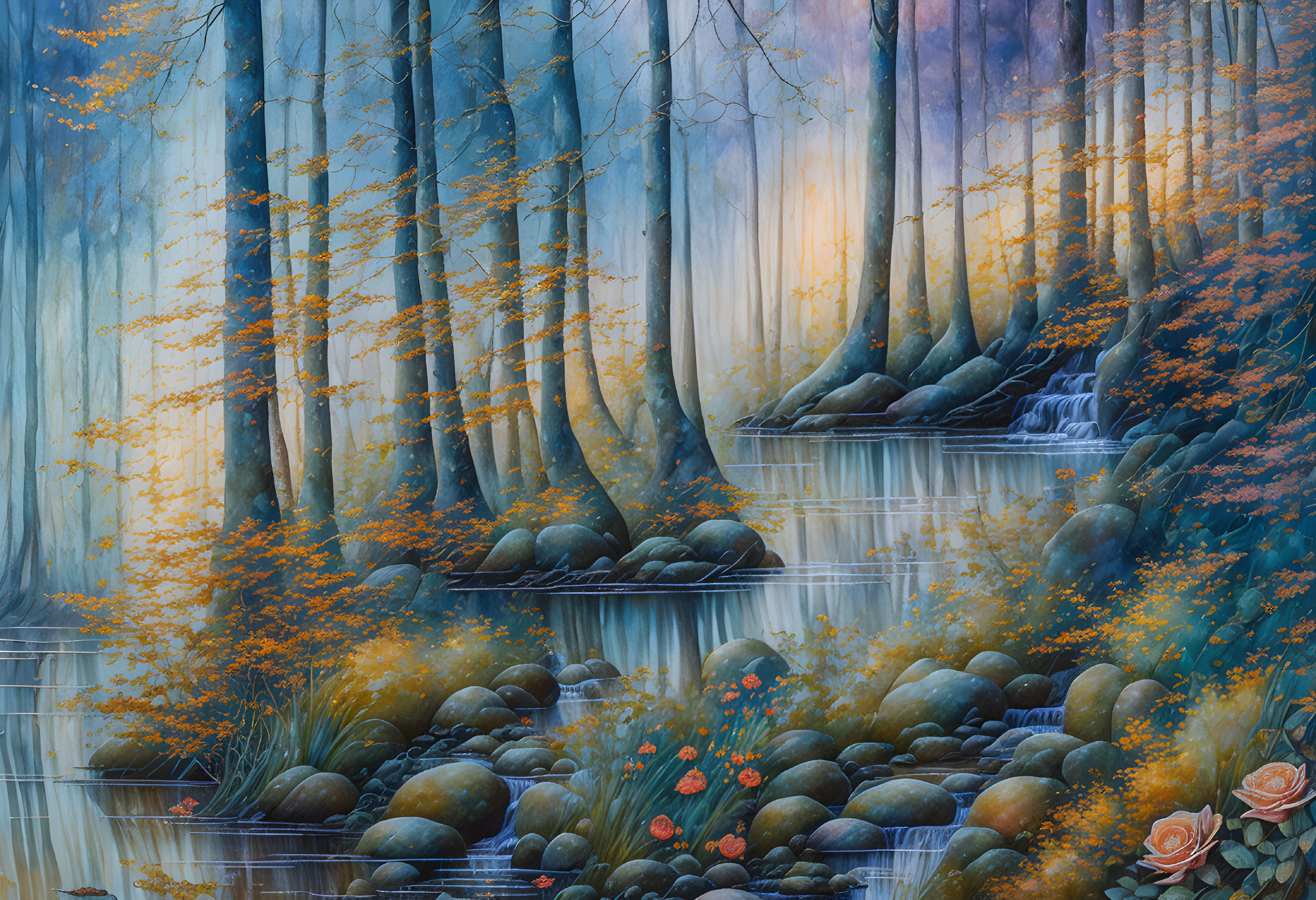 Tranquil forest scene with serene waterfall and autumnal foliage