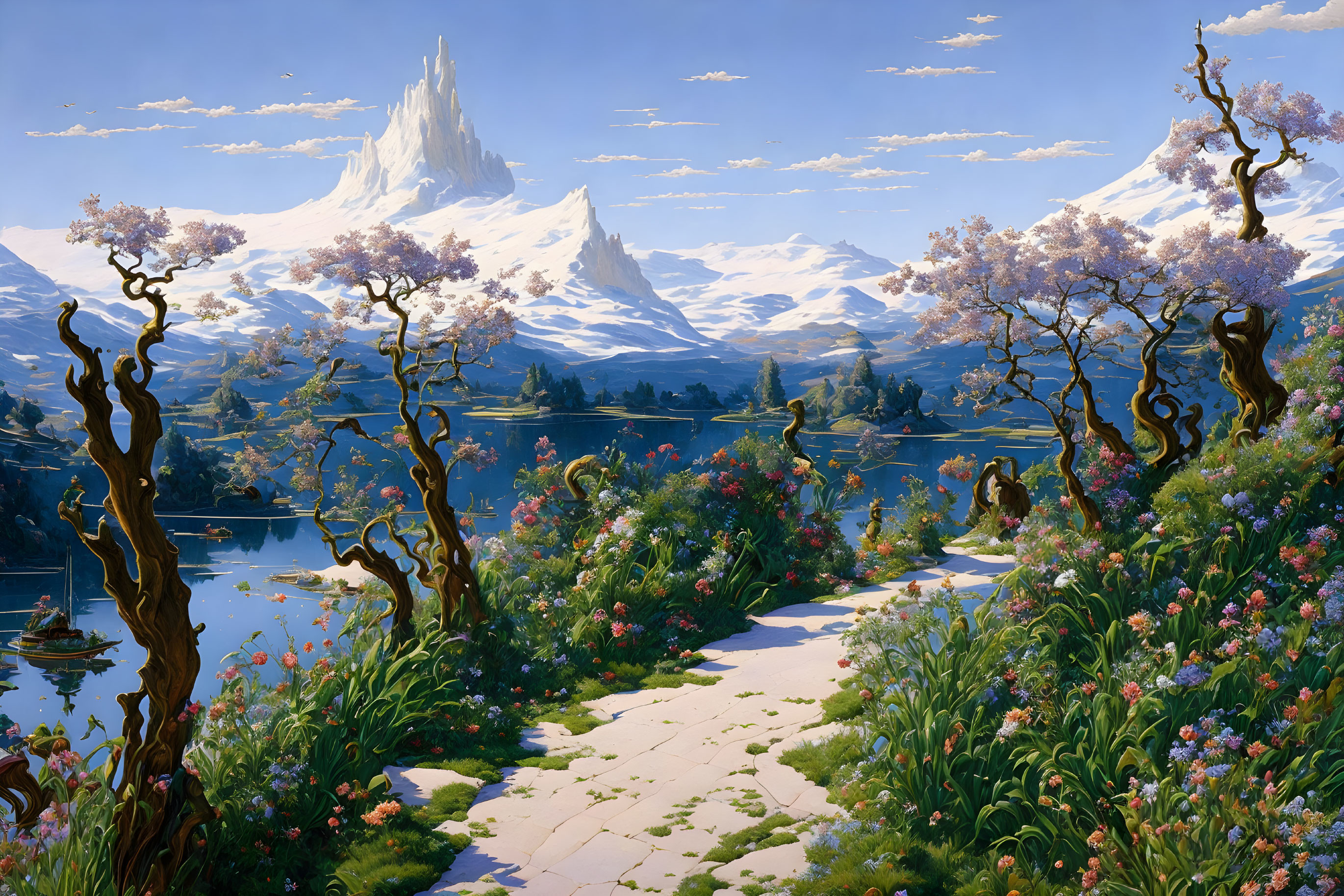 Tranquil landscape with stone path, blooming flowers, lake, and snowy mountain.