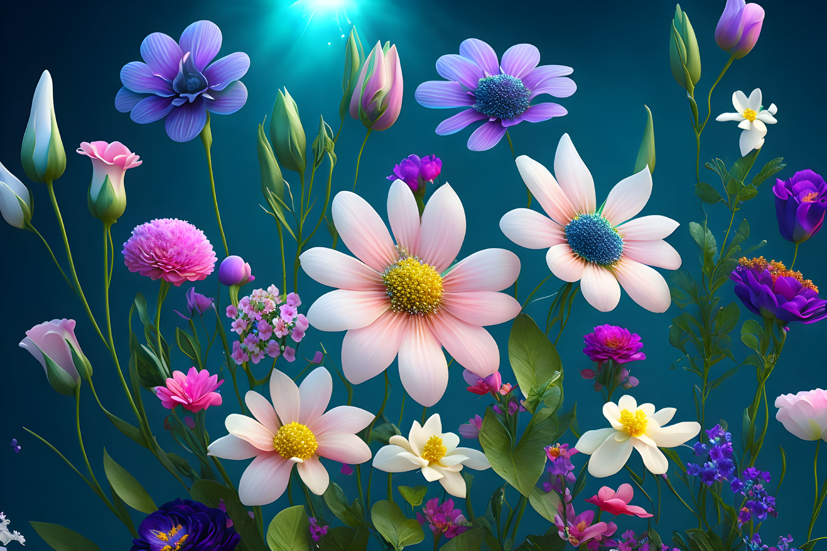 Digitally Illustrated Blue and Pink Flowers on Dark Blue Background