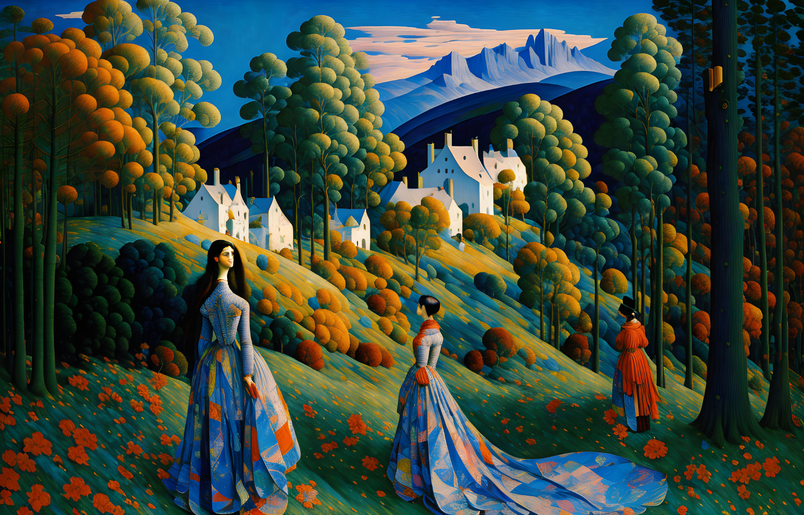 Vibrant landscape with three women in elegant dresses