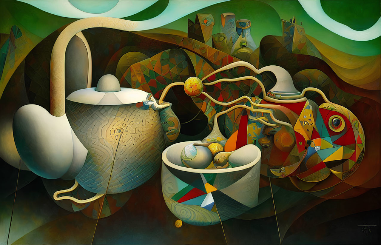 Surrealist Artwork: Distorted Teapot and Cups in Dreamlike Landscape