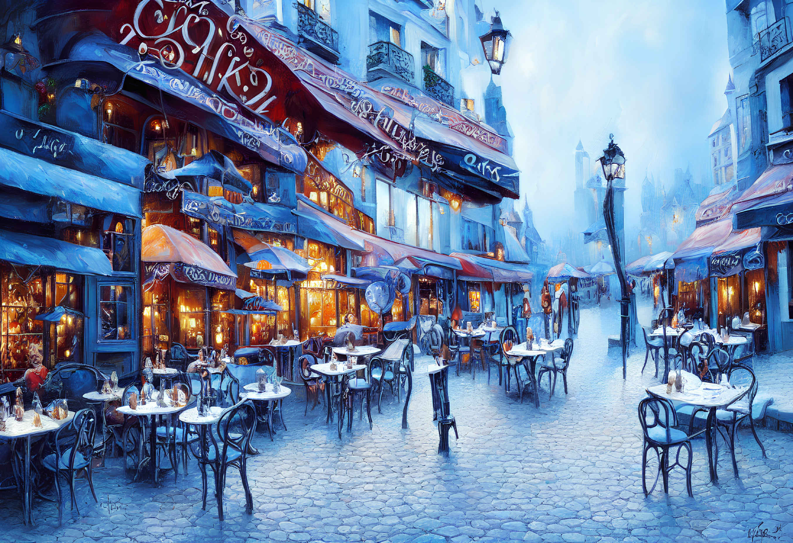 Quaint Outdoor Cafes on Cobblestone Street at Twilight