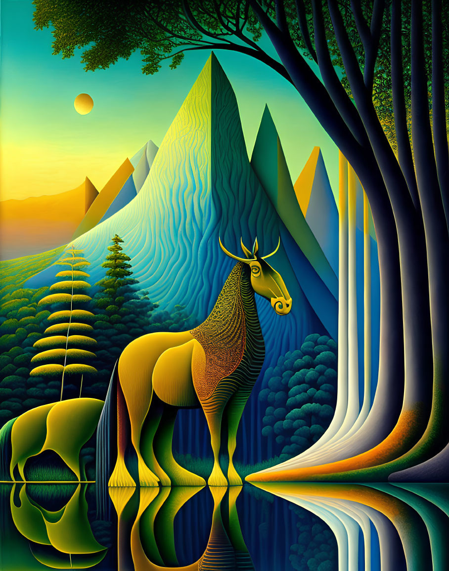 Surreal landscape with stylized deer, reflective lake, towering trees, wavy mountains, warm