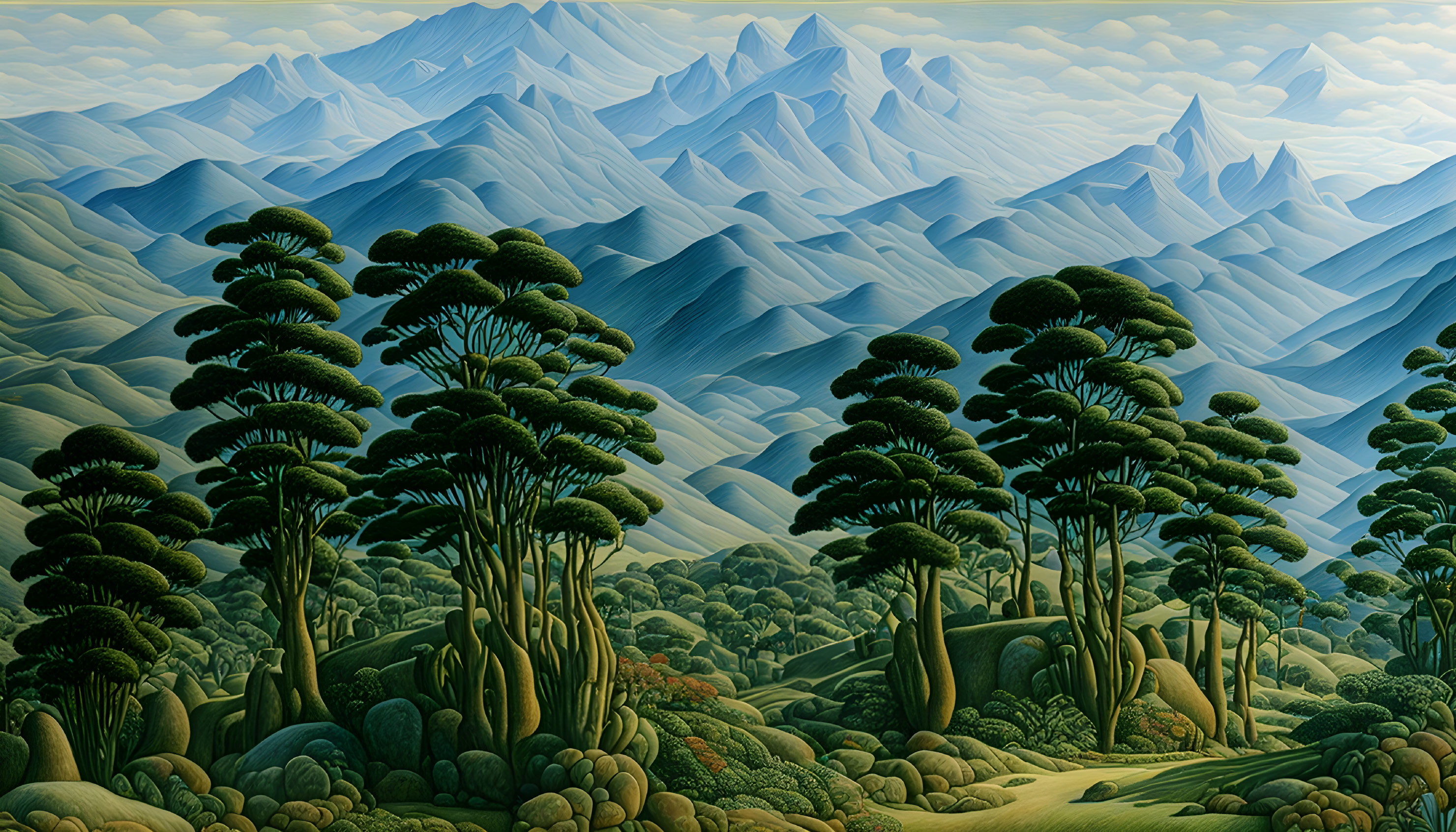 Stylized landscape with green trees and blue mountains