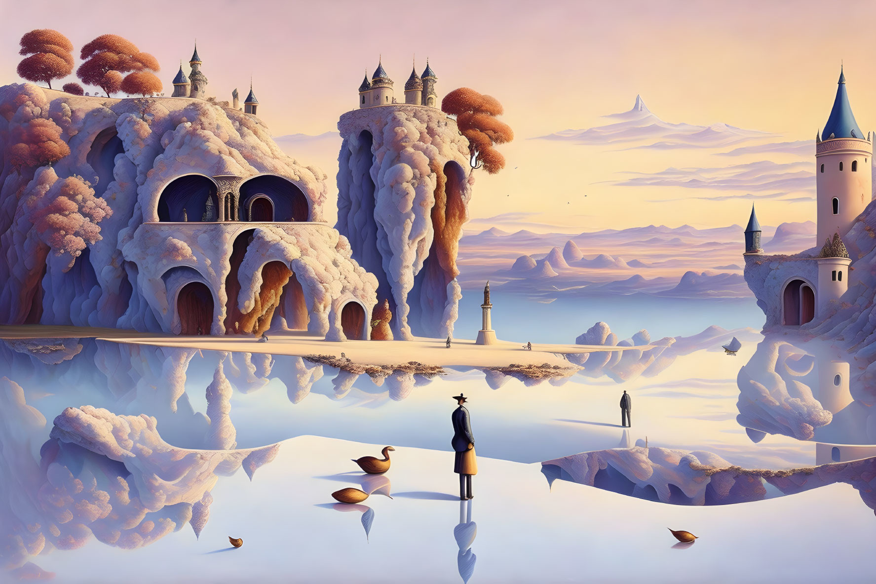 Surreal landscape with ice-covered castles and floating islands