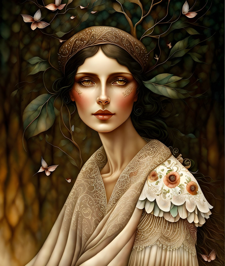 Illustrated woman in intricate headwear in golden forest setting.