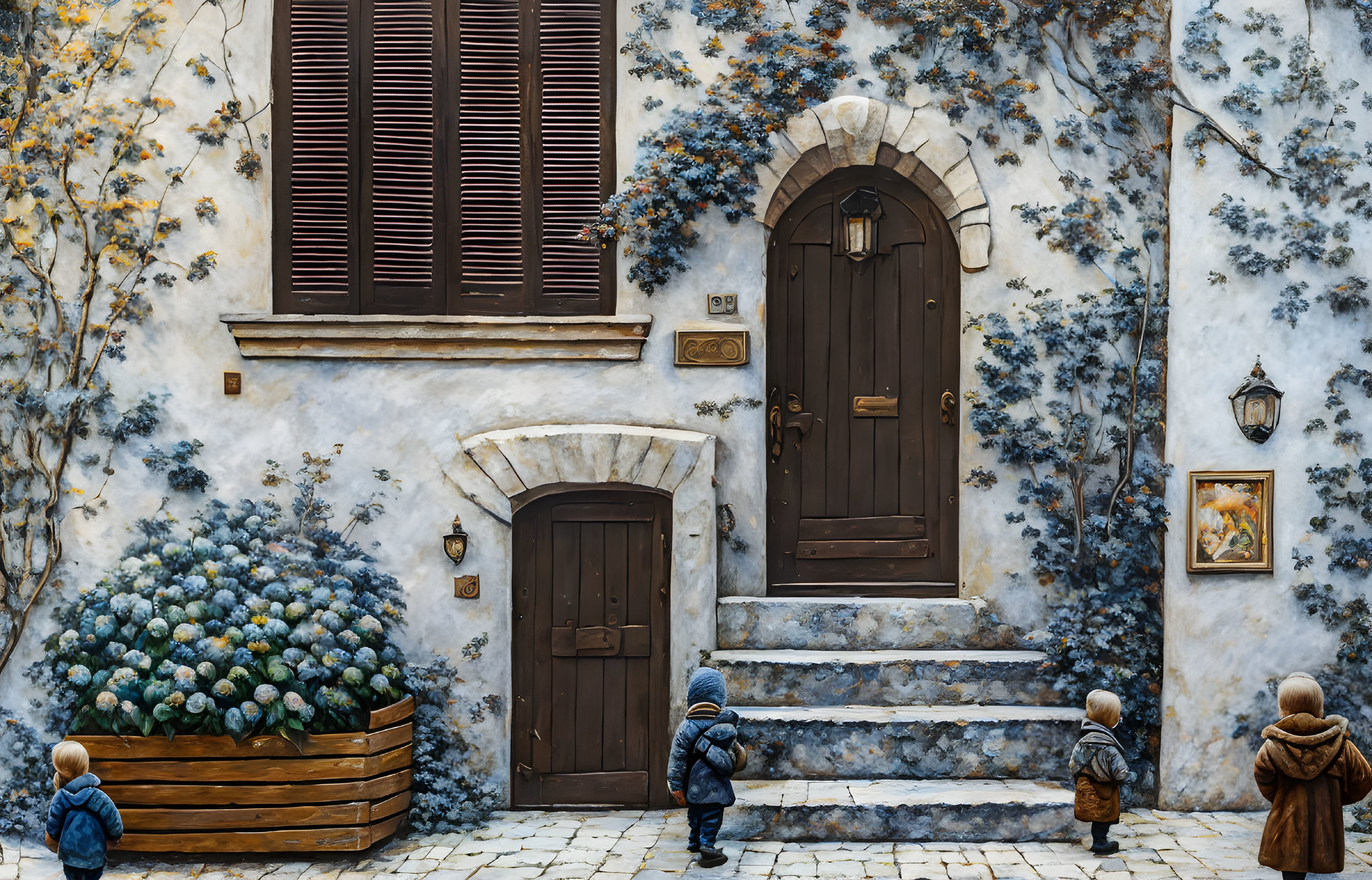 Three children in front of ivy-covered house with wooden door and shuttered window