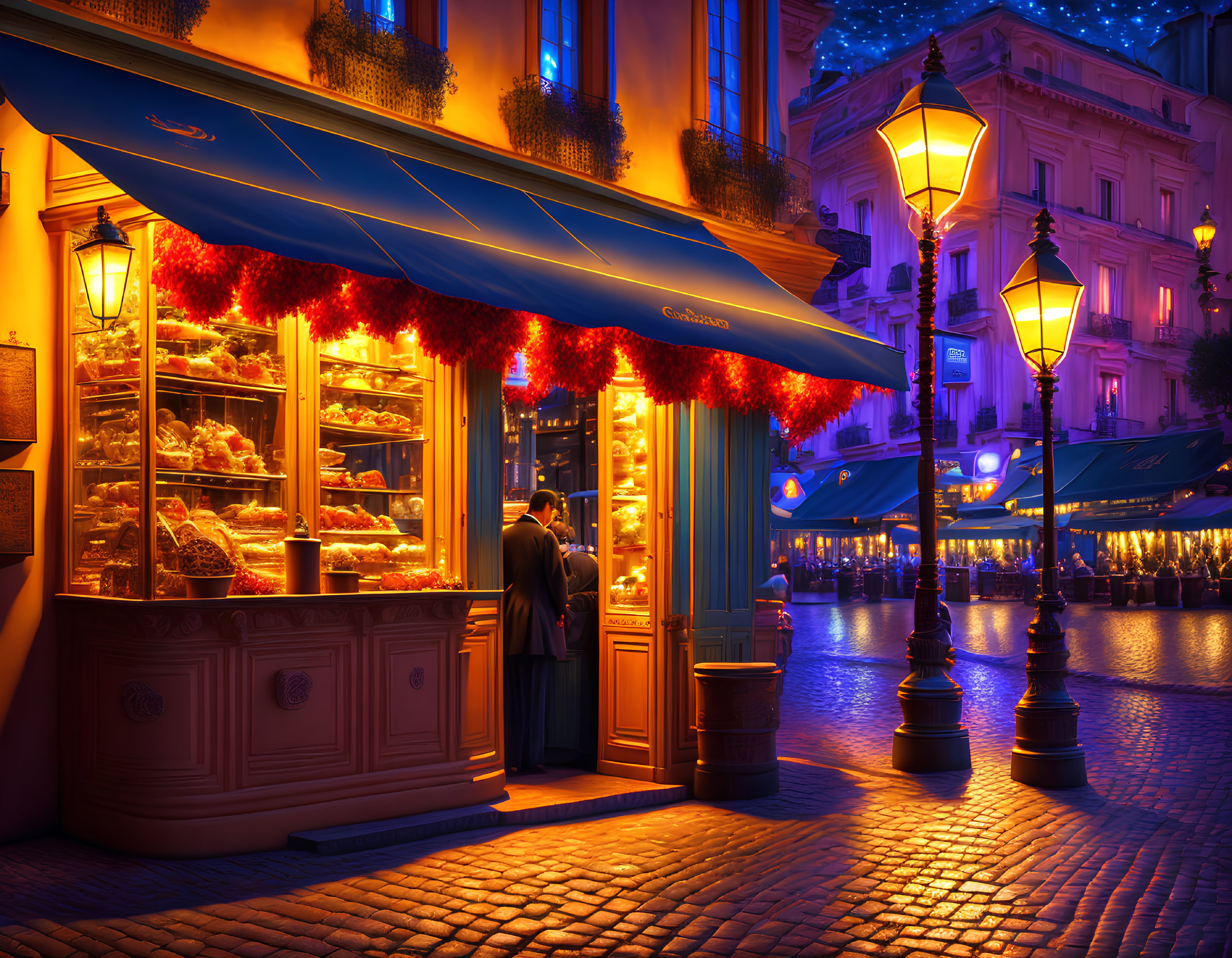 Couple standing outside warmly lit bakery at dusk