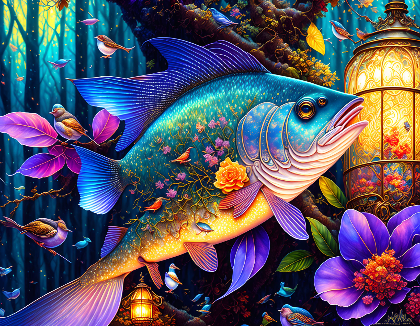 Colorful Fantastical Fish Surrounded by Birds, Flowers, and Lantern in Whimsical Forest