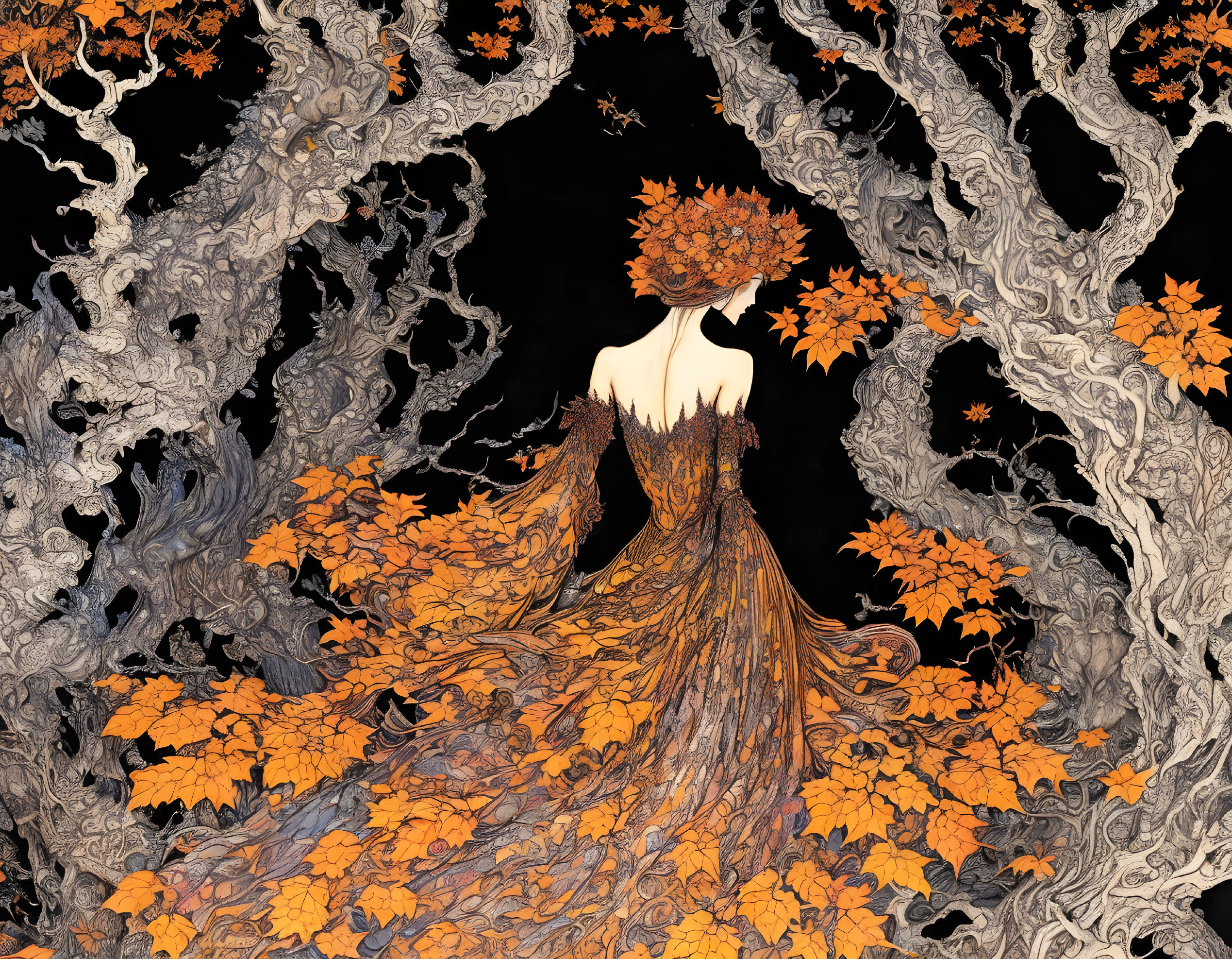 Woman blending with autumn trees in detailed illustration