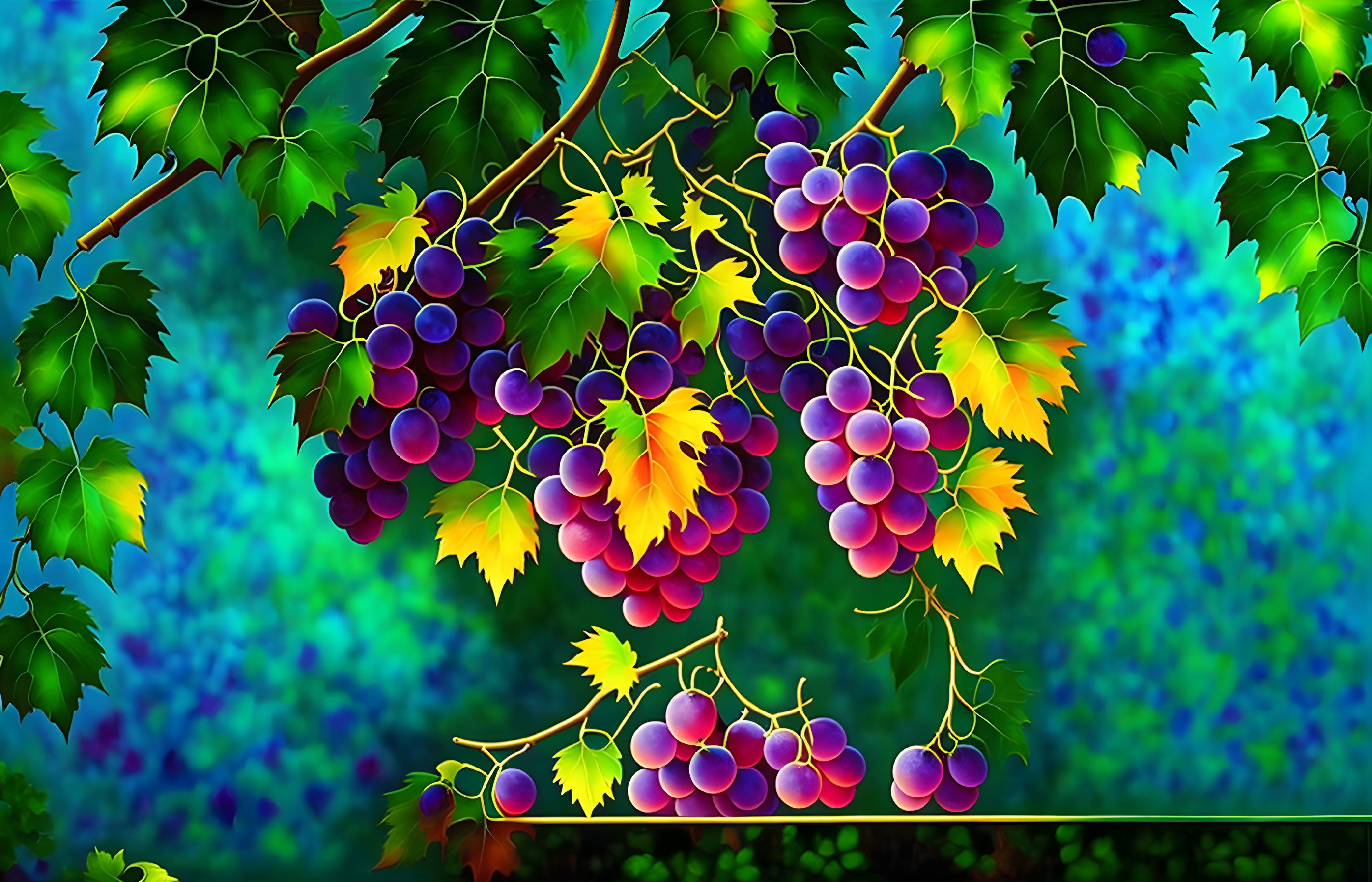 Colorful Grape Clusters on Vine with Green Leaves Against Blue Background