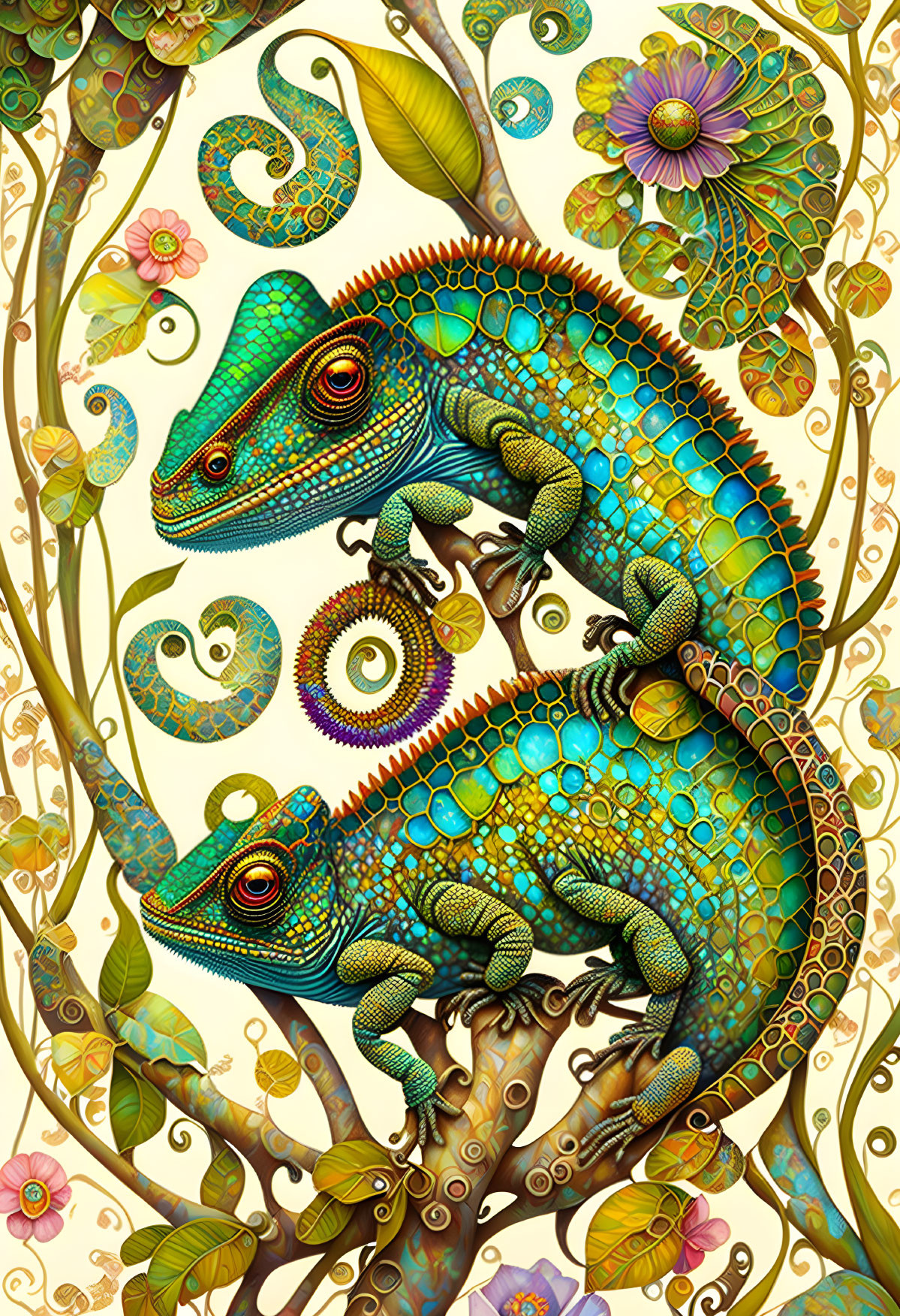 Colorful Chameleons on Intricate Branches with Foliage