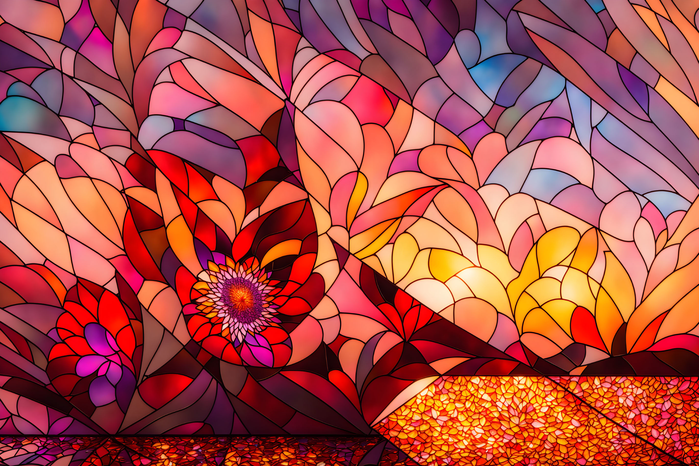 Colorful Stained Glass Style Floral Mosaic Illustration