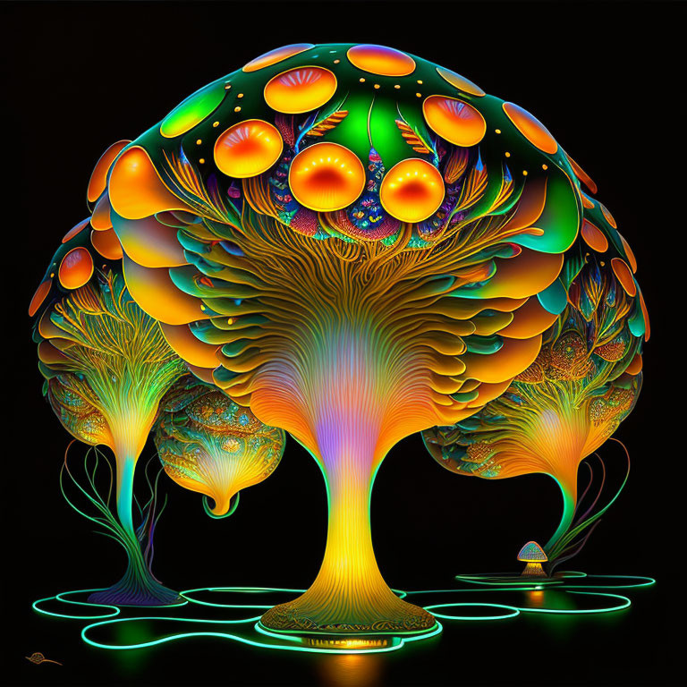 Colorful Psychedelic Tree Artwork with Rainbow Hues on Black Background